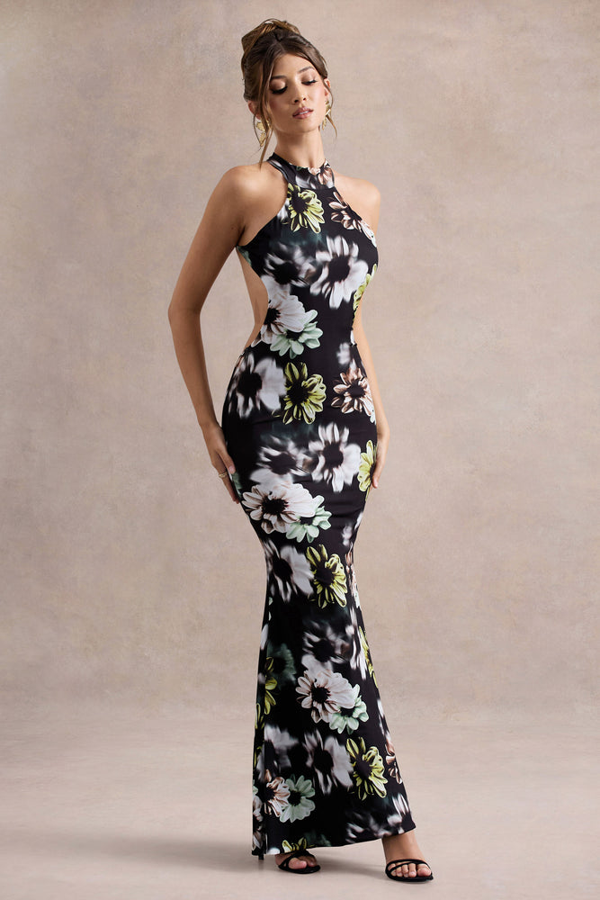 Tuscany Black Floral Print Halter-Neck Split Maxi Dress – Club L