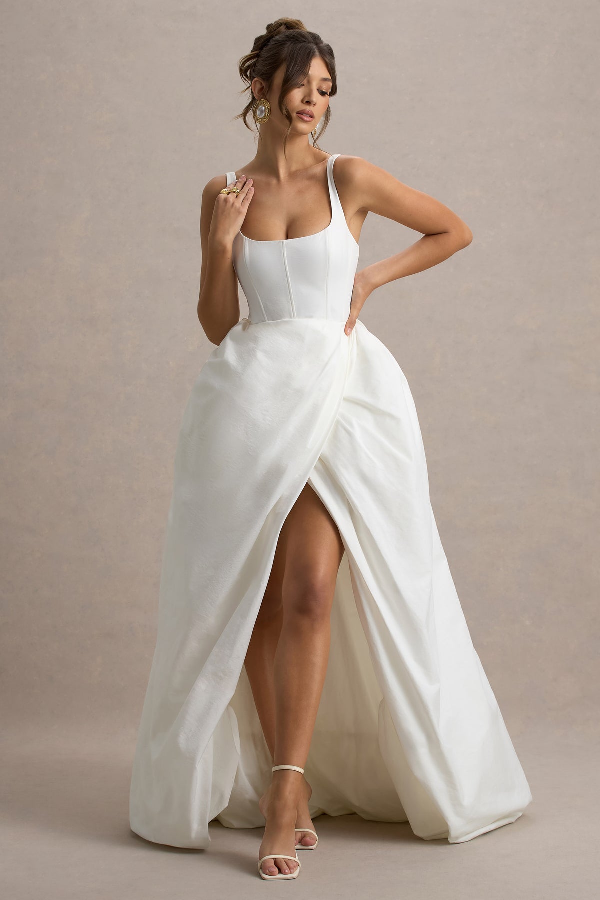 Infinite White Strappy Maxi Dress With Volume High-Low Skirt Club L London - USA Infinite White Strappy Maxi Dress With Volume High-Low Skirt Club L London - USA