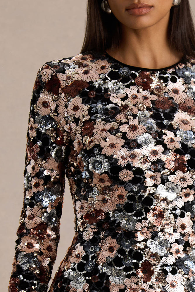 Adaline | Black Velvet & Embellished Sequin Floral Long-Sleeved Mini Dress - UK 8 multi Adaline | Black Velvet & Embellished Sequin Floral Long-Sleeved Mini Dress - UK 8 multi