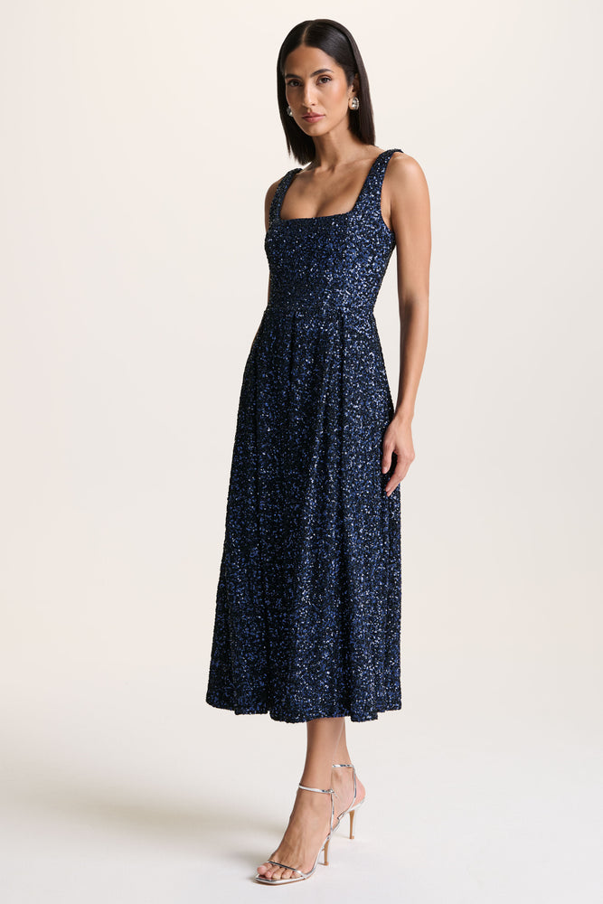 dreamy date night navy blue sleeveless midi dress Lima Navy Sequin Square-Neck A-Line Midi Dress – Club L London