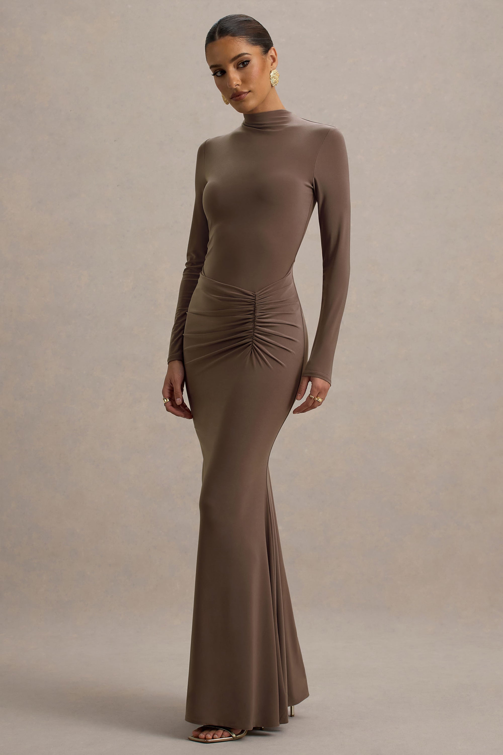 formal long sleeve brown dress Camielle Brown Maxi Dress - US 6