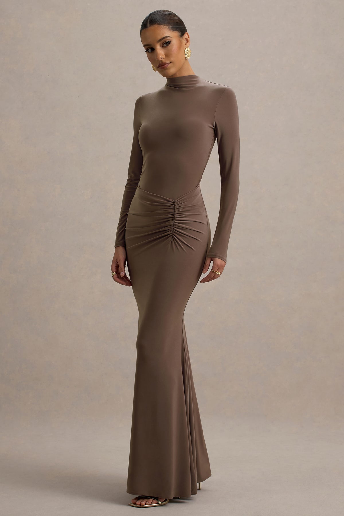 Reid Brown Long-Sleeve Gathered Maxi Dress Club L London - USA Reid Brown Long-Sleeve Gathered Maxi Dress Club L London - USA