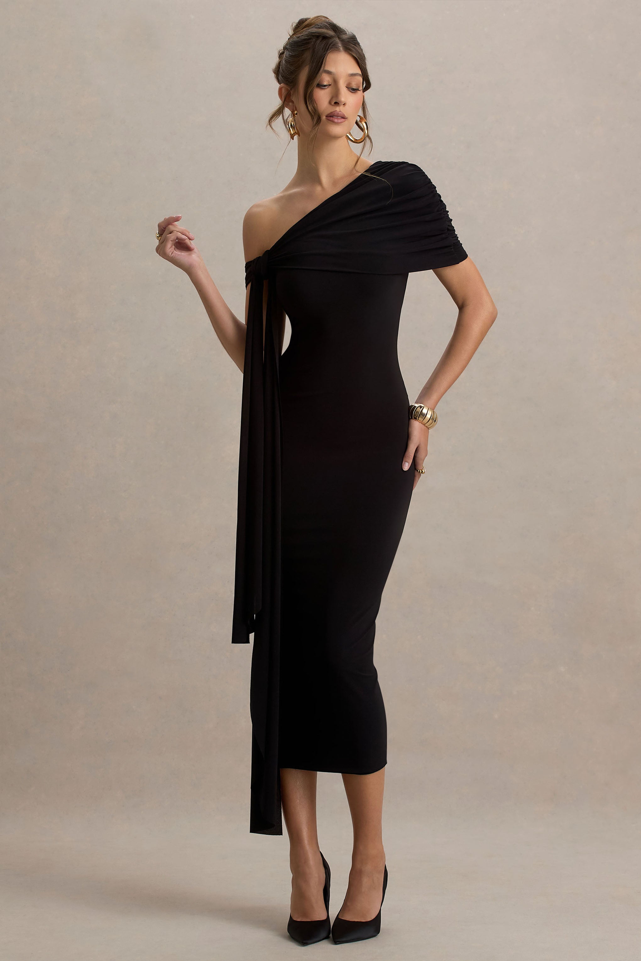 Praia | Black Asymmetric-Neck Maxi Dress With Sash and Draped