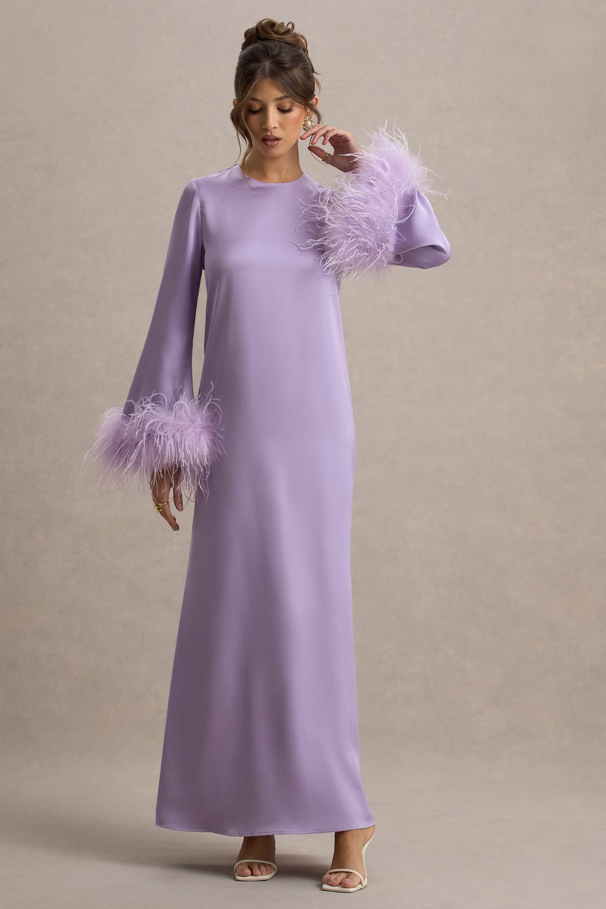 Adella | Lilac Satin Feather-Trim Maxi Dress