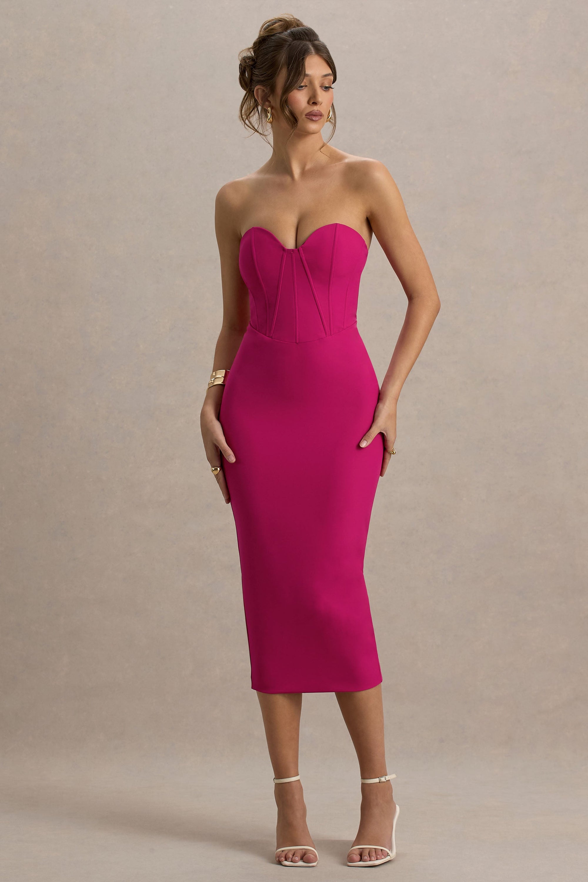 Nina | Dark Pink Structured Strapless Corset Midi Dress – Club L London