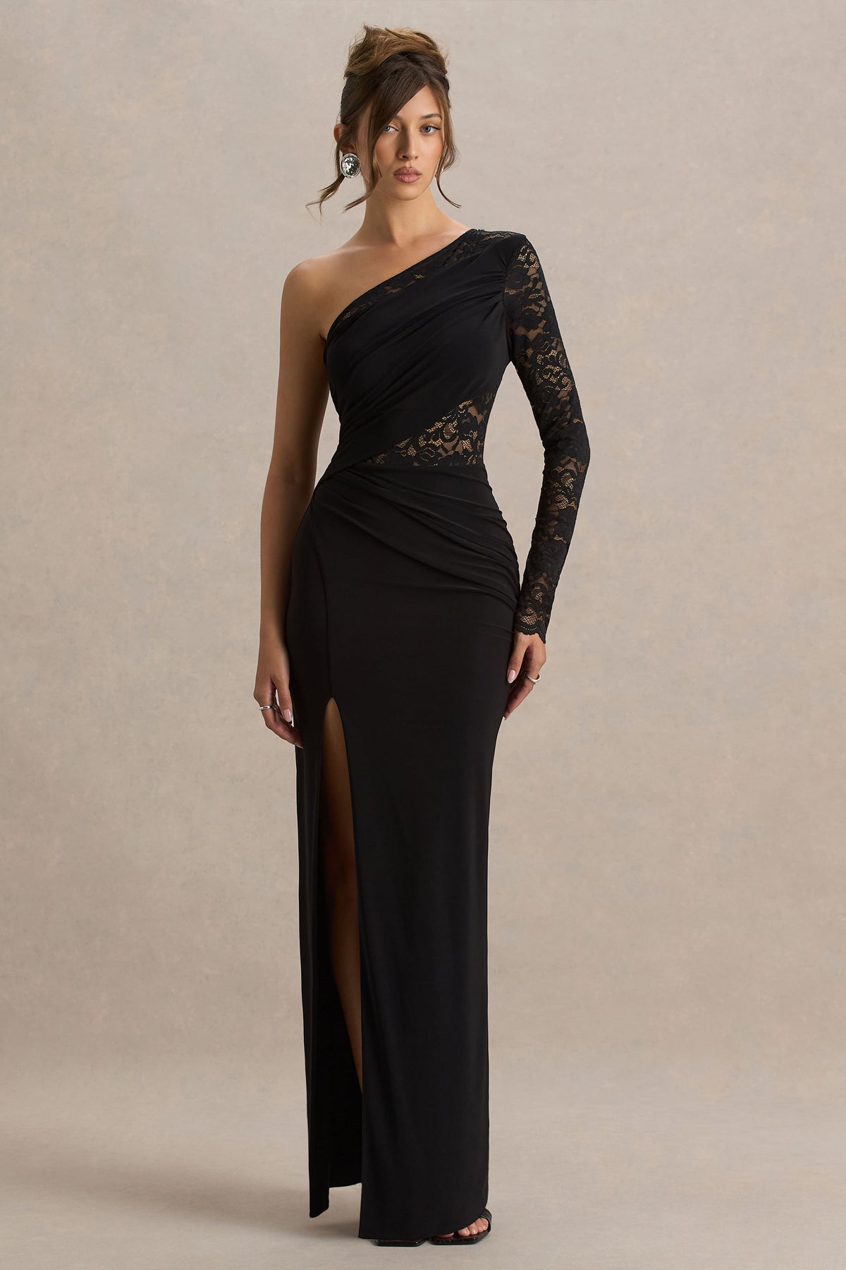 Melody Black Asymmetric-Neck Maxi Dress With Lace Detailing And Fron Club L London - USA Melody Black Asymmetric-Neck Maxi Dress With Lace Detailing And Fron Club L London - USA