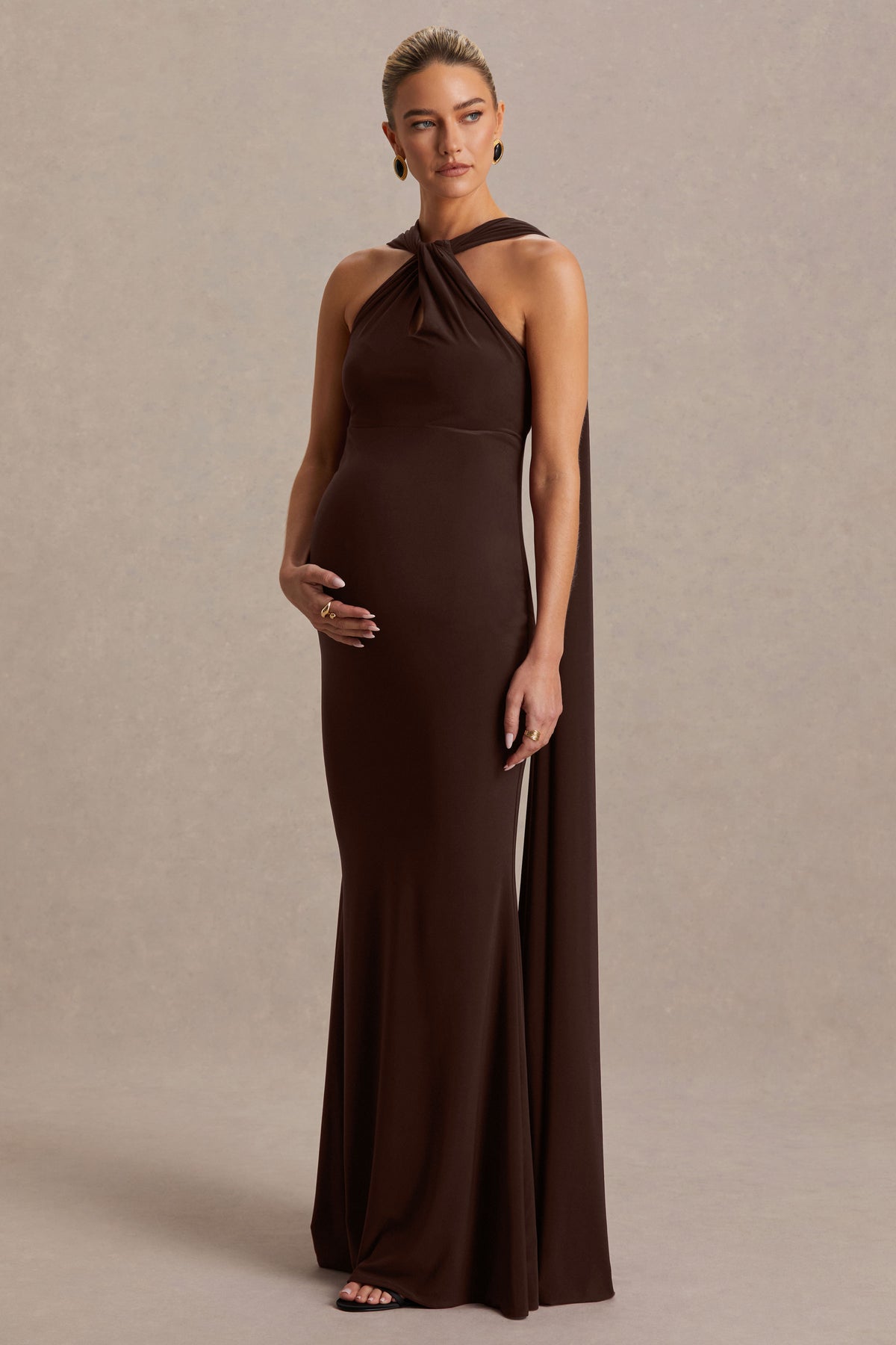 Lyra | Brown Cross Halter-Neck Maternity Maxi Dress With Cape - UK 10 DARK Brown Lyra | Brown Cross Halter-Neck Maternity Maxi Dress With Cape - UK 10 DARK Brown