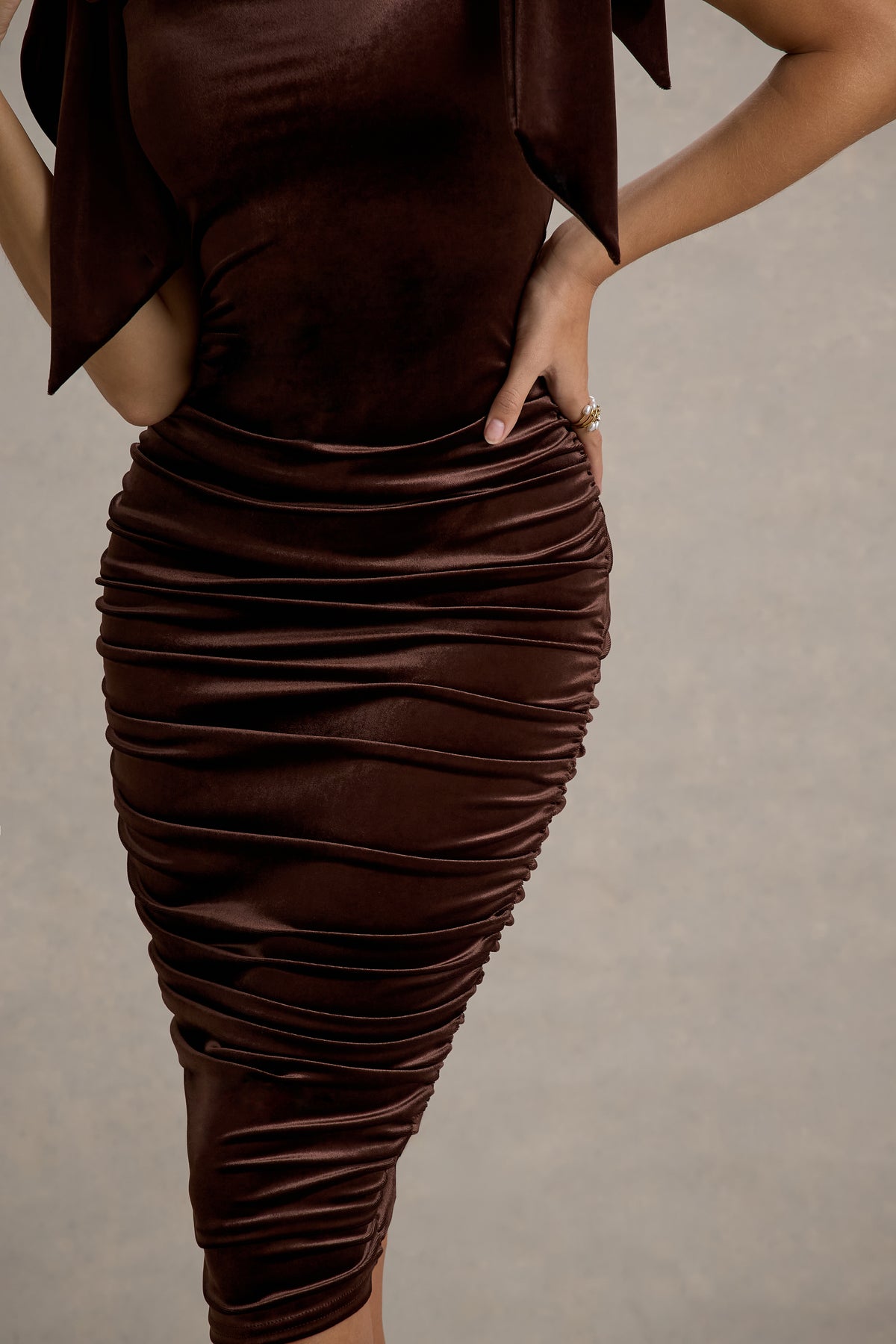 Tarna Brown Velvet Midi Dress With Bow Straps Club L London - USA Tarna Brown Velvet Midi Dress With Bow Straps Club L London - USA