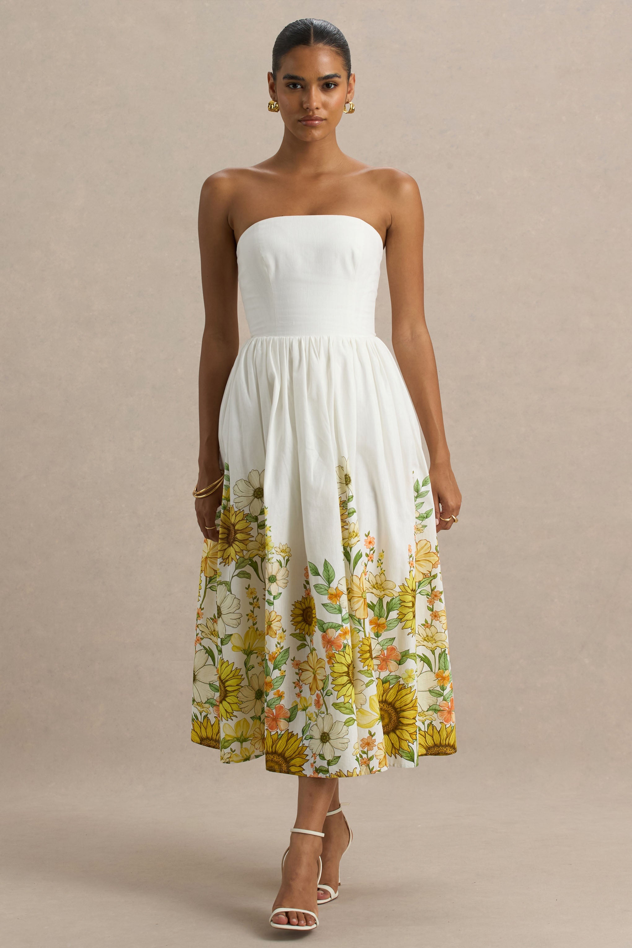 Ivory | Sunflower Print Bandeau High-Low Midi Dress – Club L