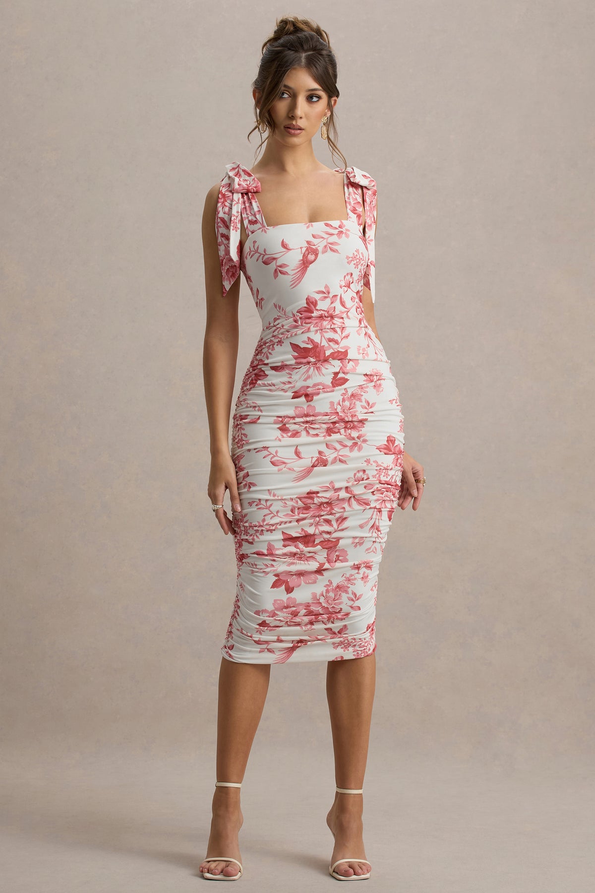 Cordelia | Pink Porcelain Print Bodycon Midi Dress With Bow Straps