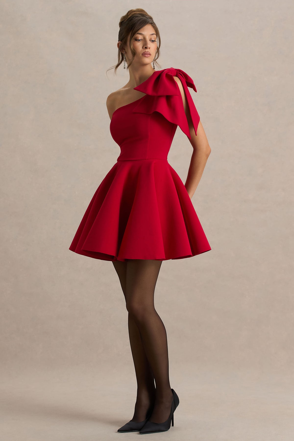 Prosperity Red Asymmetric-Neck Mini Dress With Bow Detail – Club L London Prosperity Red Asymmetric-Neck Mini Dress With Bow Detail – Club L London