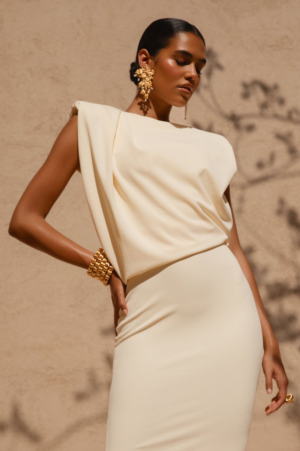 Meave | Lemon High Neck Maxi Dress With Draping Detail