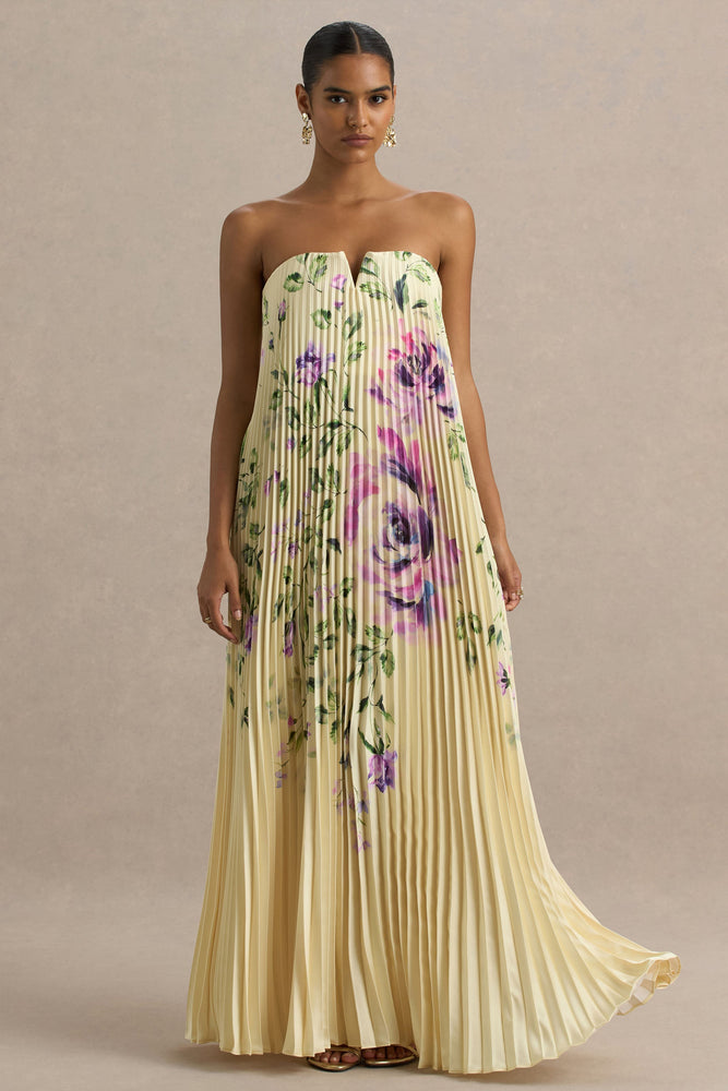 Bergamot Lemon Rose Print Satin Sweetheart Maxi Dress – Club L