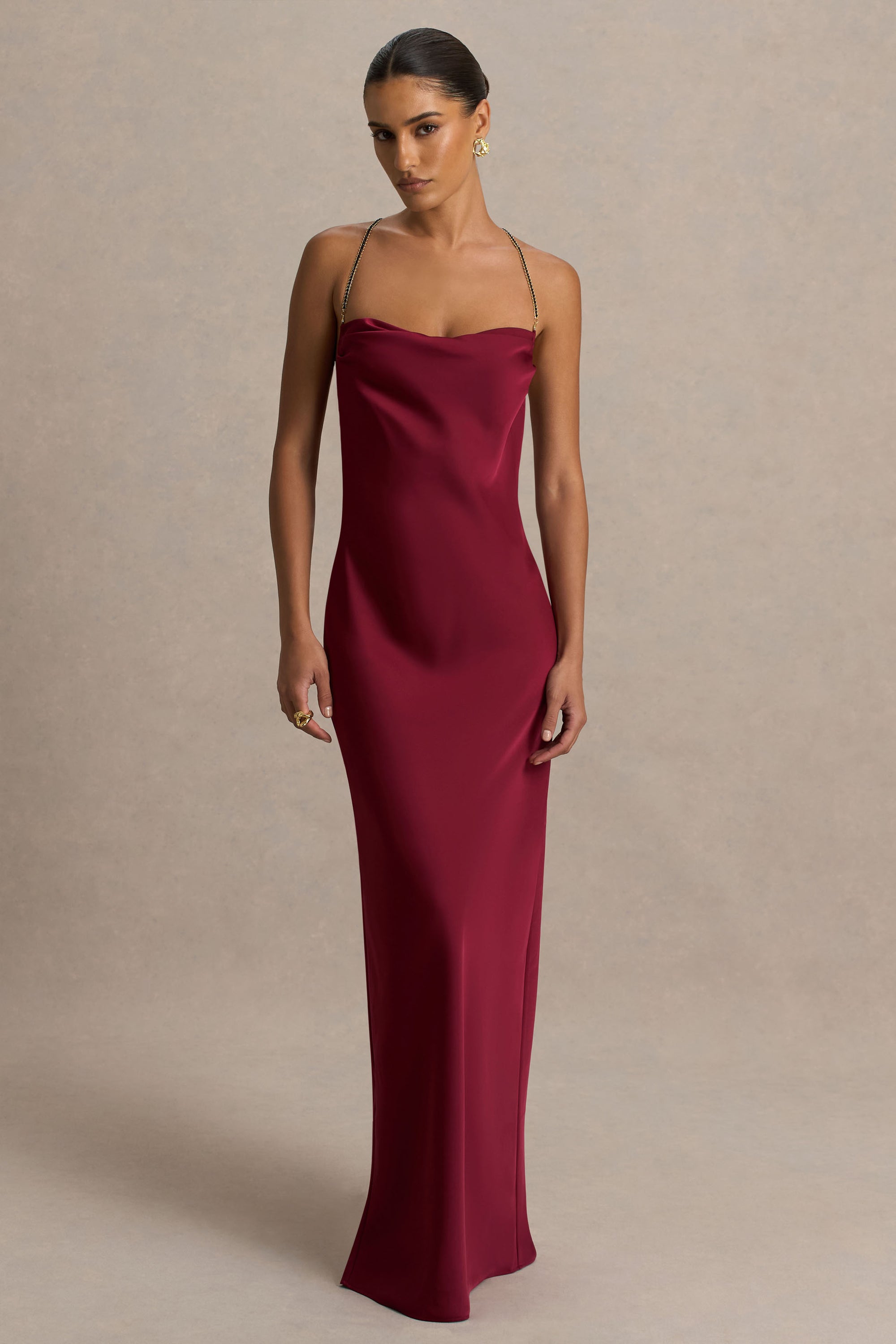long silk burgundy dress Reiss Satin Asymmetric Draped Maxi Dress in Burgundy