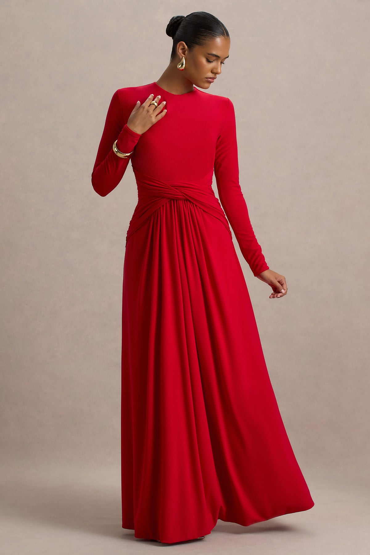 Estrella | RED High-Neck Maxi Dress With Ruched Detailing Estrella | RED High-Neck Maxi Dress With Ruched Detailing
