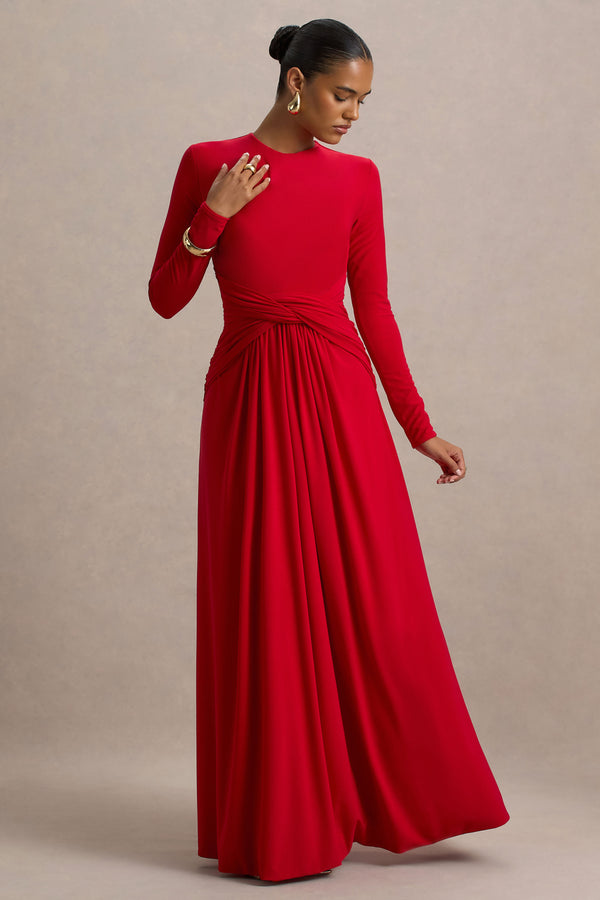 long red dress with sleeves Estrella | RED High-Neck Maxi Dress With Ruched Detailing