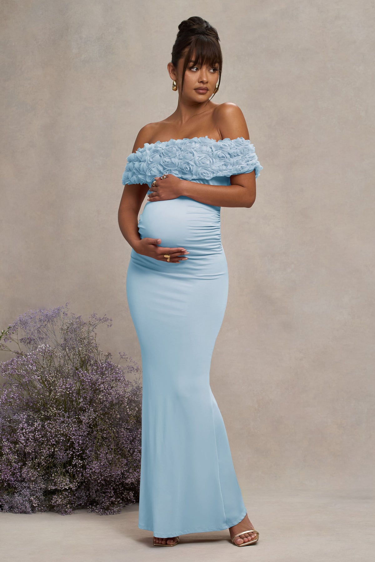 Inflorescence | Powder BLUE Mesh Floral Bardot Maternity Maxi Dress - UK 10 Powder BLUE Inflorescence | Powder BLUE Mesh Floral Bardot Maternity Maxi Dress - UK 10 Powder BLUE