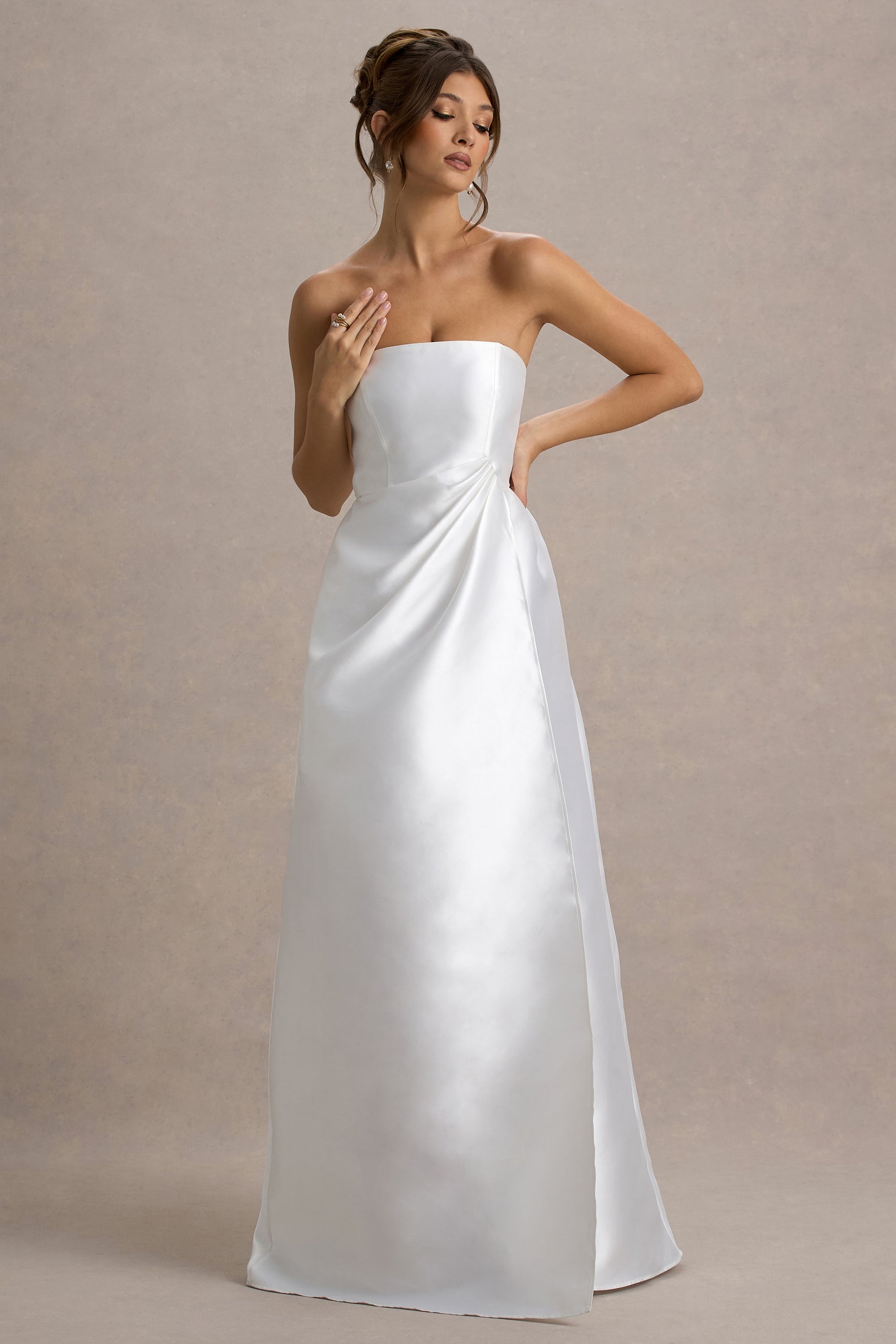 white strapless dress with split A-Line Ruffle Long Prom Split, Champagne / Custom Size slip silicone lined back will ensure you the ultimate stay Universe | White Bandeau Split