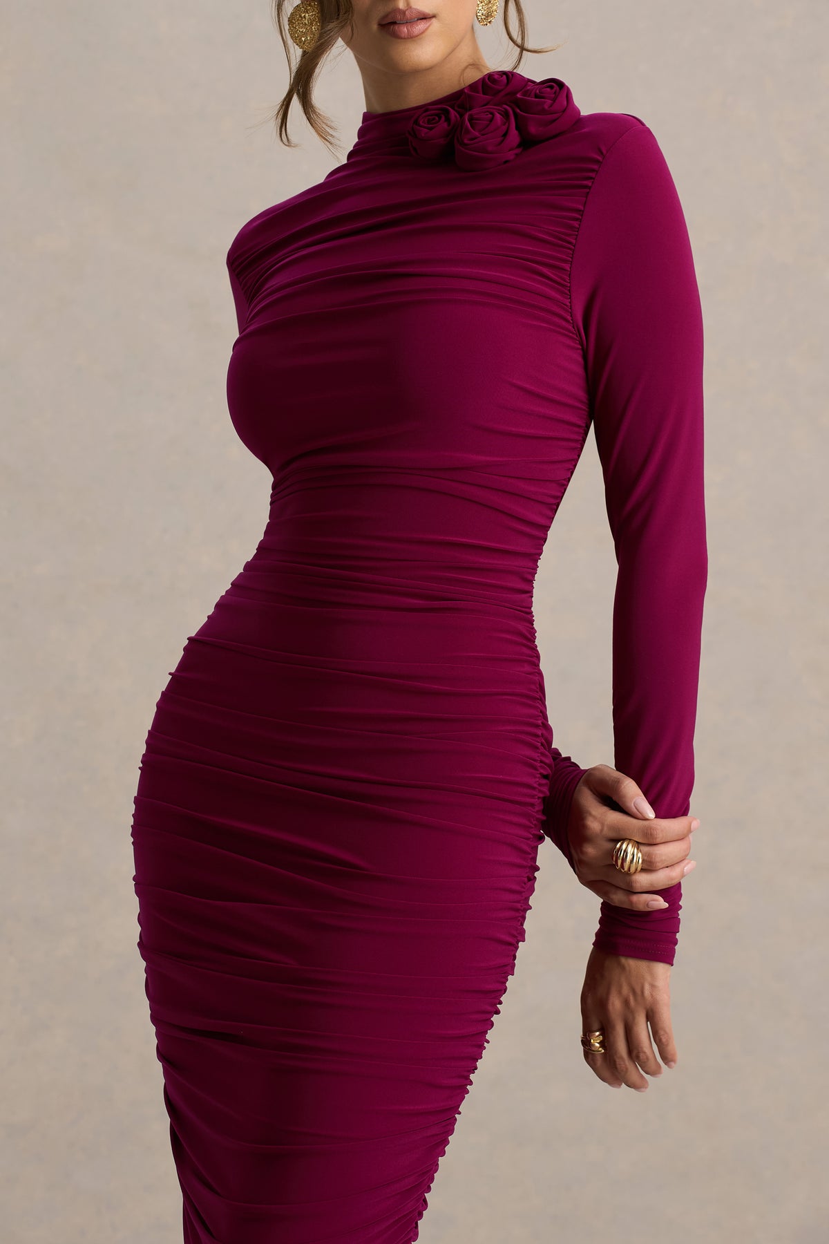 Tamara Burgundy Long-Sleeve Ruched Midi Dress Club L London - USA Tamara Burgundy Long-Sleeve Ruched Midi Dress Club L London - USA