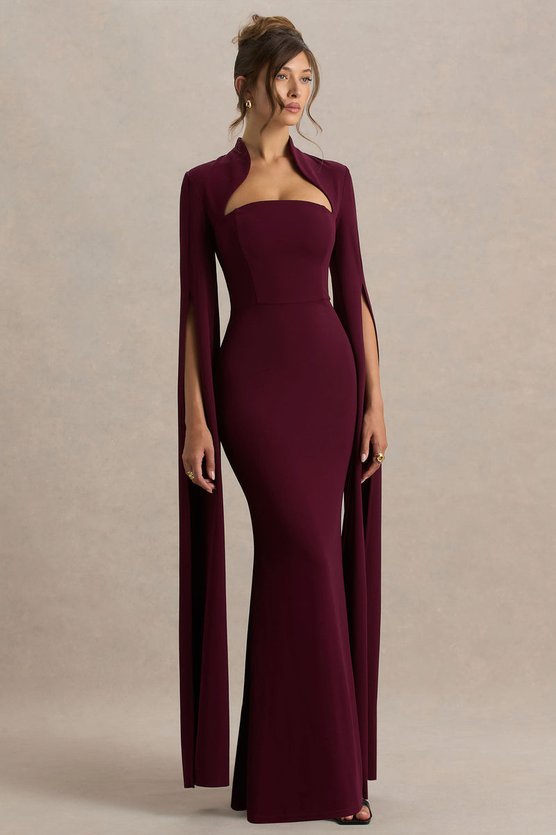 Esme Burgundy Square-Neck Maxi Dress With Cape Sleeves – Club L London