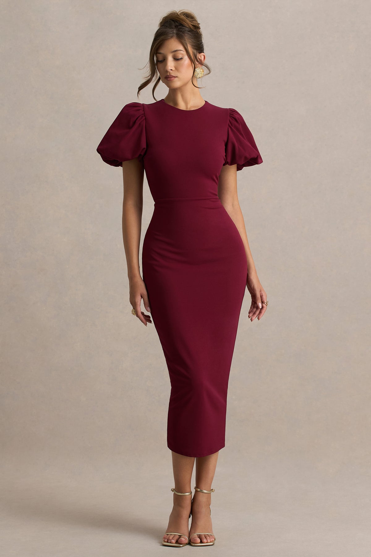 Dakota Burgundy Puff-Sleeve Midi Dress Club L London - USA Dakota Burgundy Puff-Sleeve Midi Dress Club L London - USA