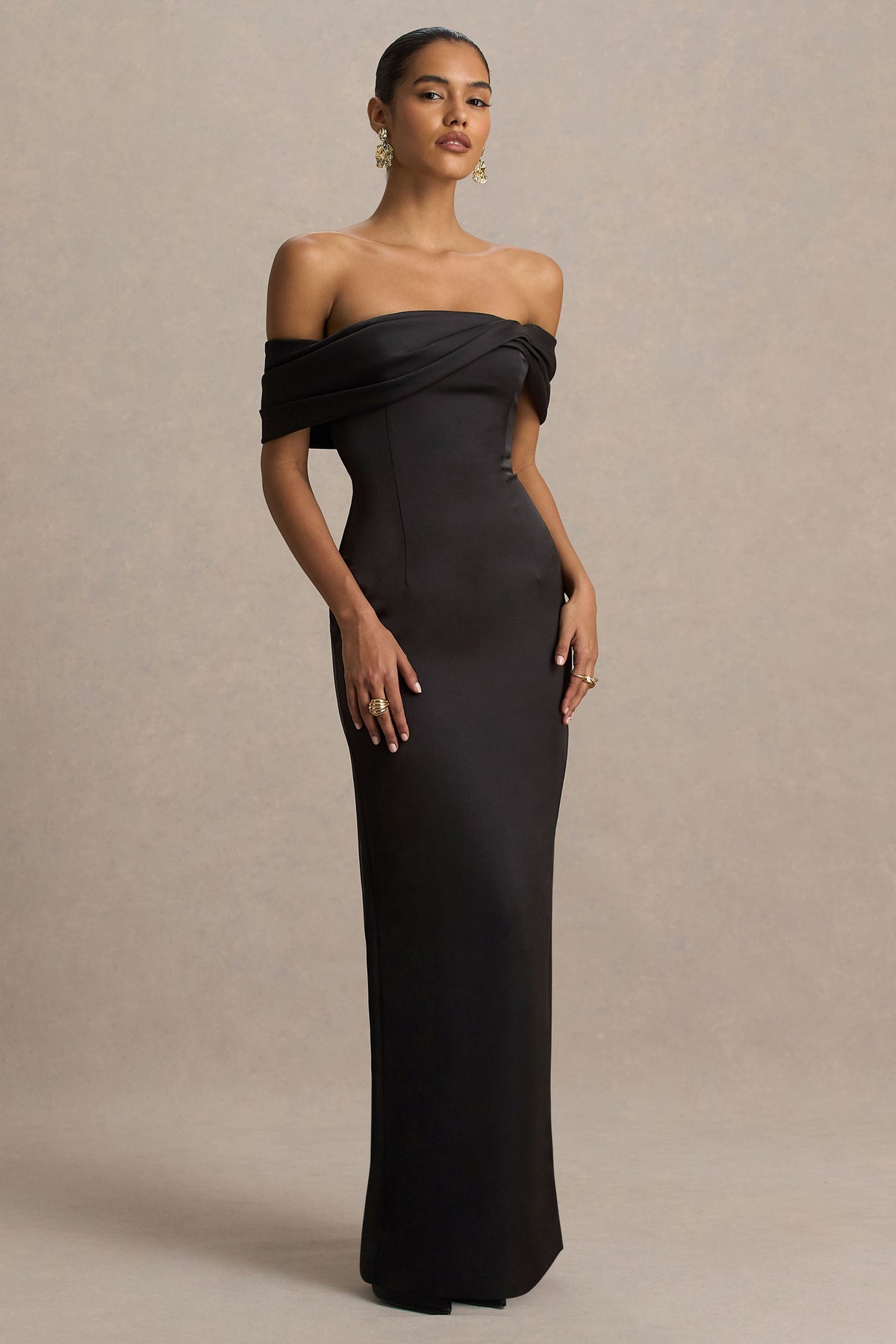 Valeria | Black Satin Twist-Bardot Neck Maxi Dress - UK 16 Black Valeria | Black Satin Twist-Bardot Neck Maxi Dress - UK 16 Black