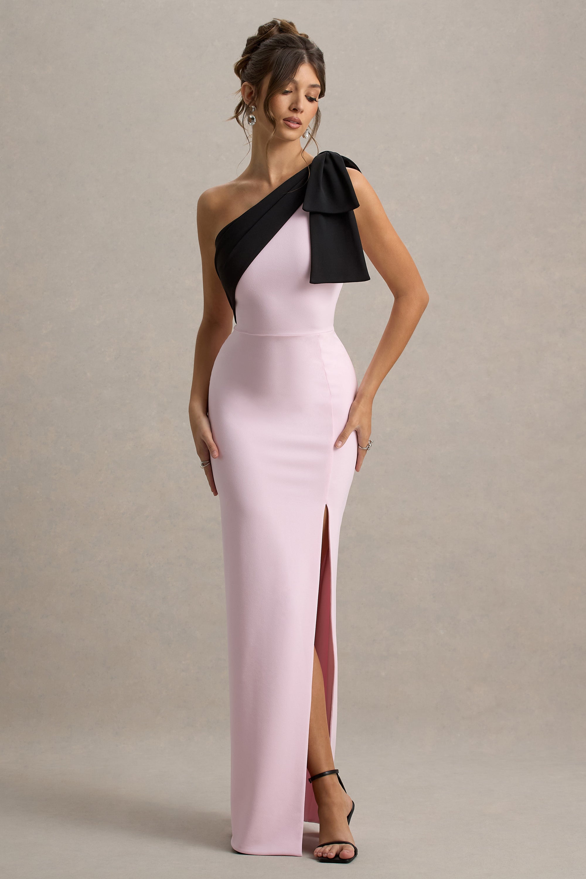 Kiri | Pink & Black One-Shoulder Bow Maxi Dress – Club L London