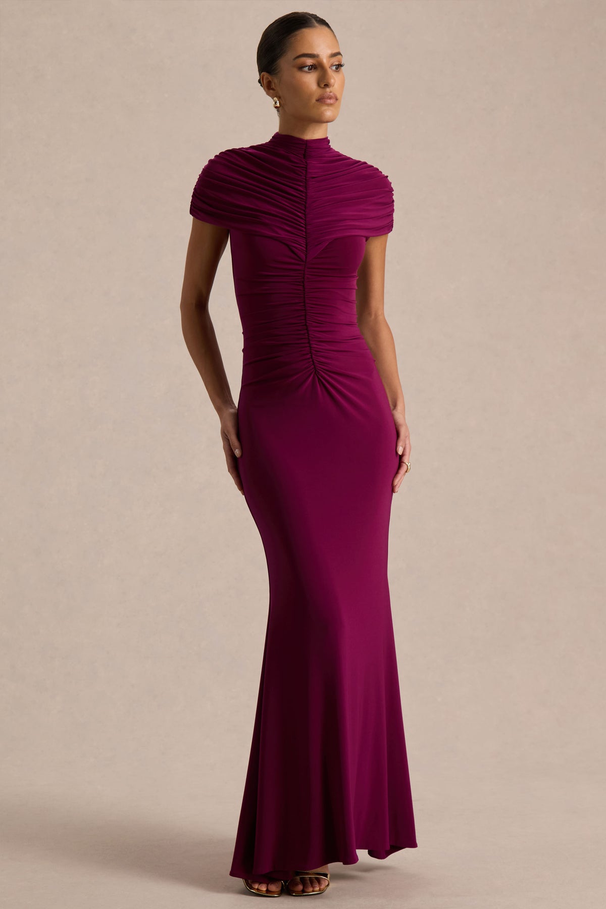 Azaria | Burgundy High-Neck Maxi Dress With Ruched Detailing - UK 6 DARK CHERRY Azaria | Burgundy High-Neck Maxi Dress With Ruched Detailing - UK 6 DARK CHERRY