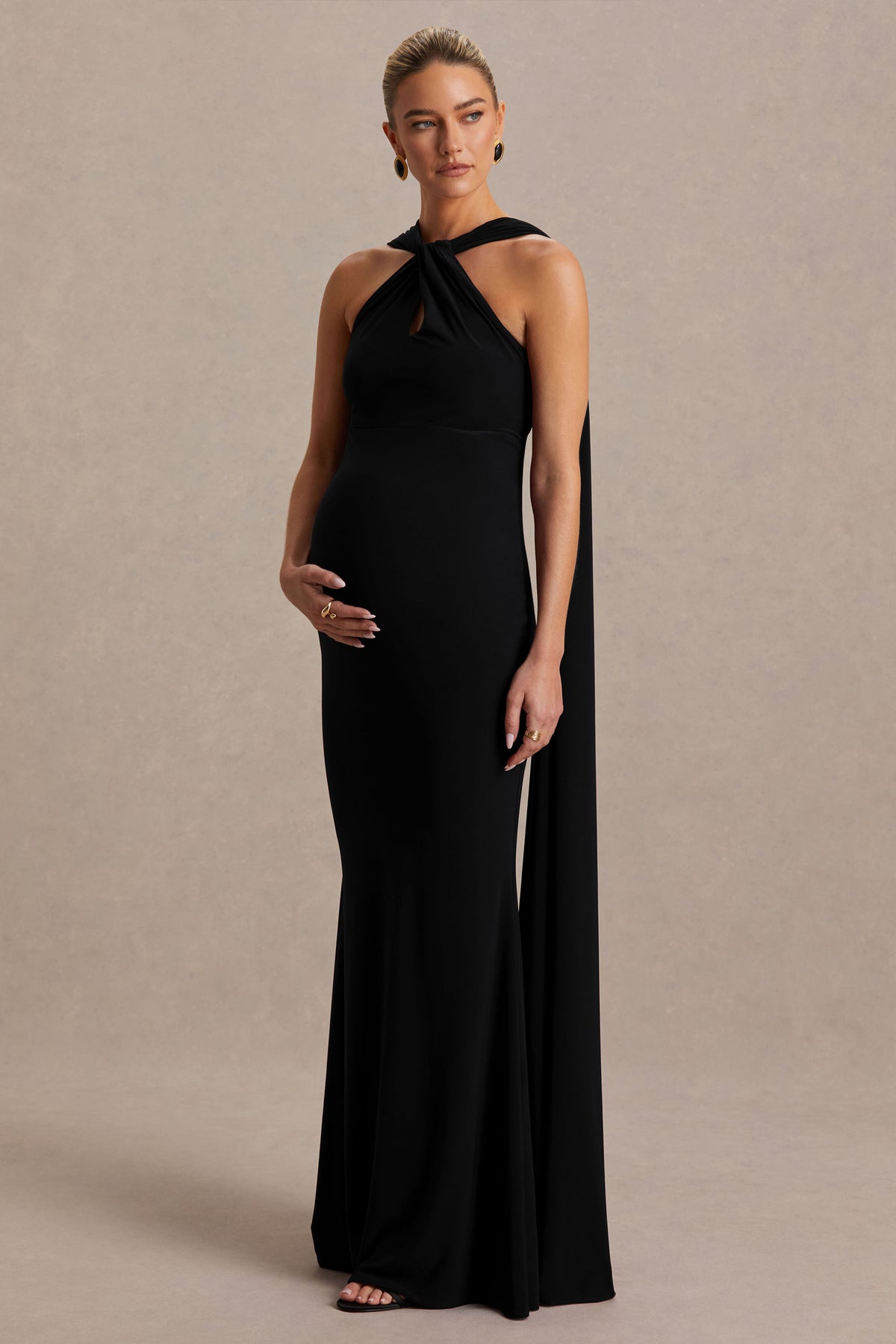 Lyra | Black Cross Halter-Neck Maternity Maxi Dress With Cape Lyra | Black Cross Halter-Neck Maternity Maxi Dress With Cape