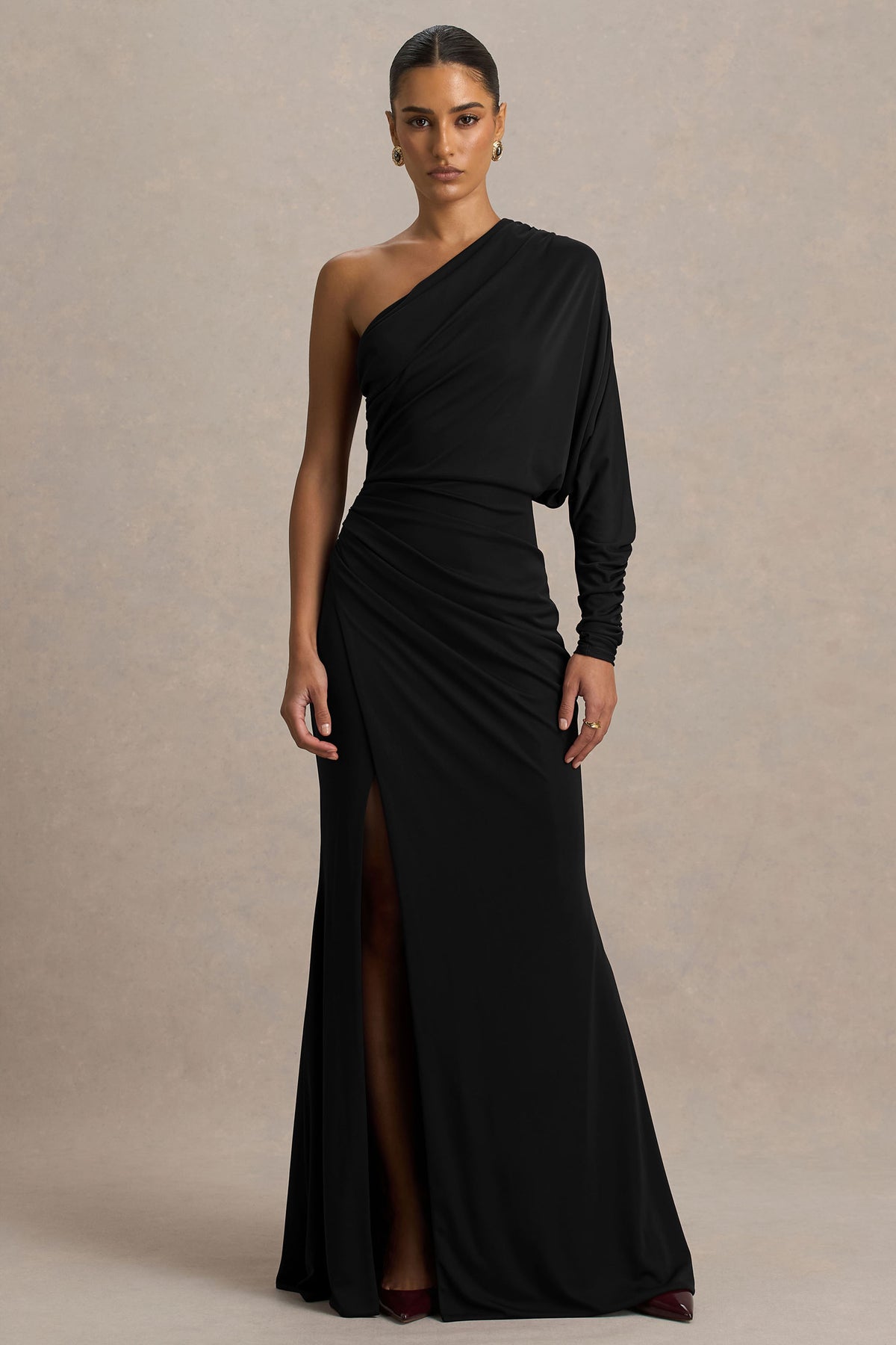 Lola | Black Asymmetric-Neck Maxi Dress with Ruched Detailing and Front High-Split - UK 16 Black Lola | Black Asymmetric-Neck Maxi Dress with Ruched Detailing and Front High-Split - UK 16 Black