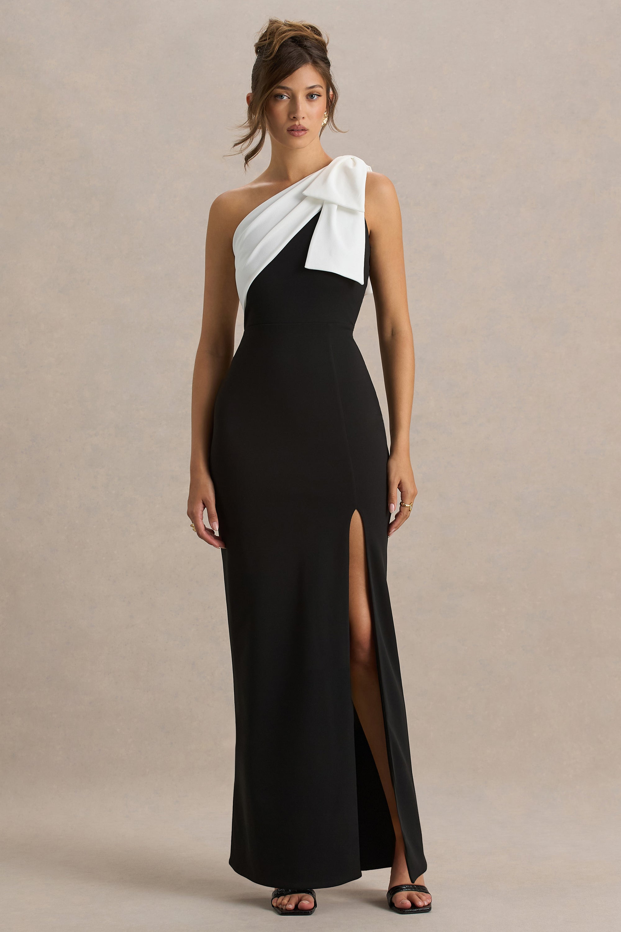 one shoulder bow maxi dress Jersey One-Shoulder Bow Gown- Black S