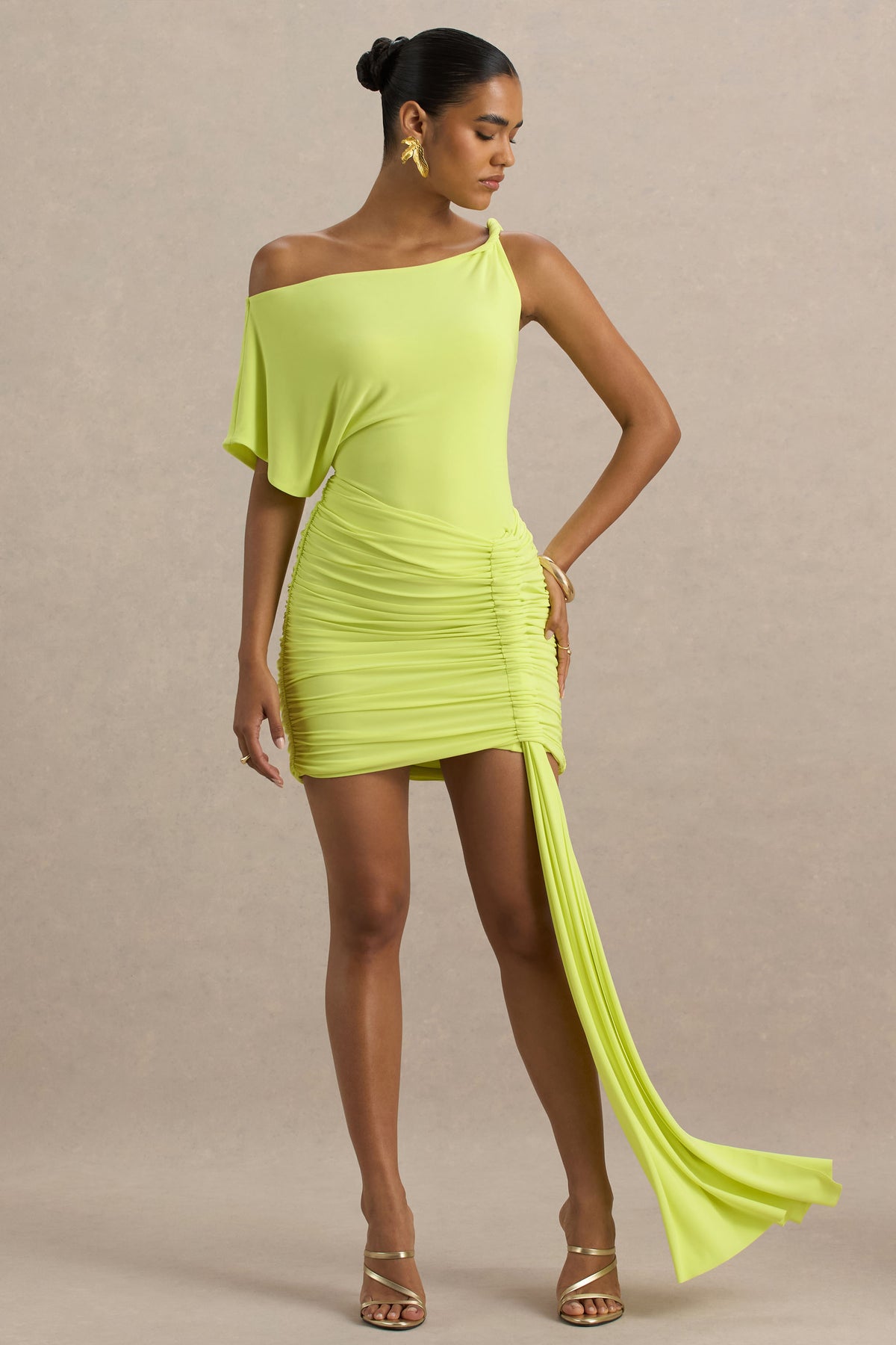 Marci | LIME Green Asymmetric Ruched Mini Dress With Sash - UK 12 LIME Green Marci | LIME Green Asymmetric Ruched Mini Dress With Sash - UK 12 LIME Green