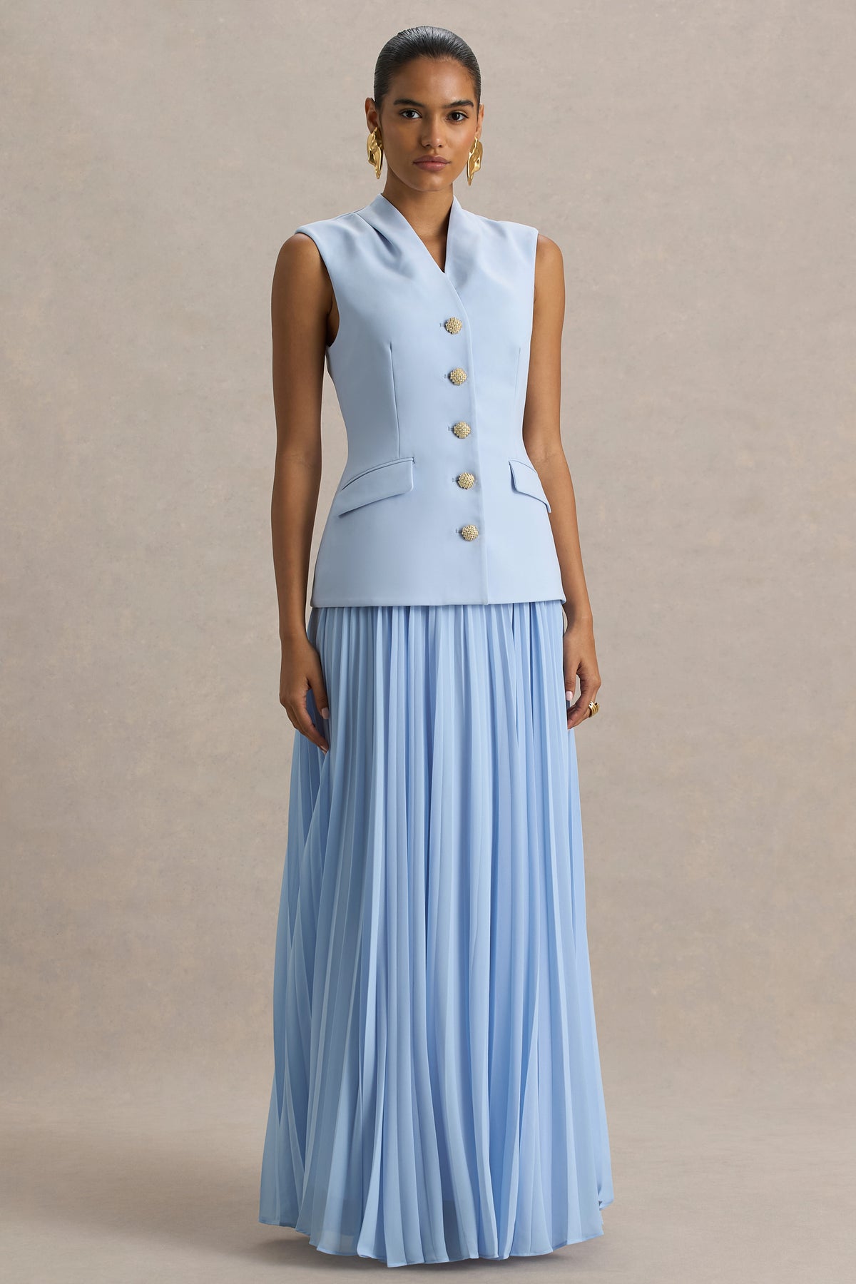 Heavenly Powder Blue High Neck Maxi Dress With Pleated Detailing Club L London - USA Heavenly Powder Blue High Neck Maxi Dress With Pleated Detailing Club L London - USA