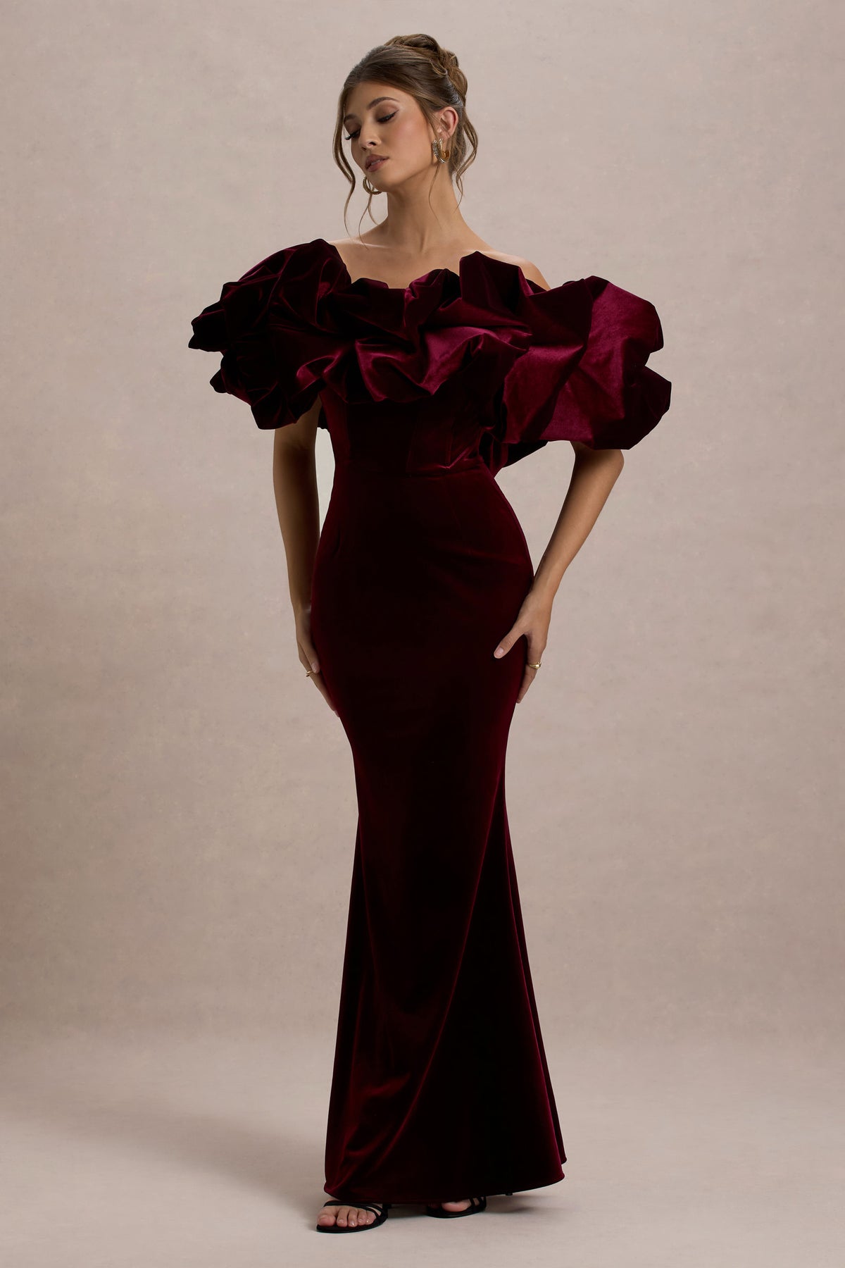 Cecily | Port Velvet Bardot Maxi Dress With Velvet Ruffle Trim - UK 12 red Cecily | Port Velvet Bardot Maxi Dress With Velvet Ruffle Trim - UK 12 red
