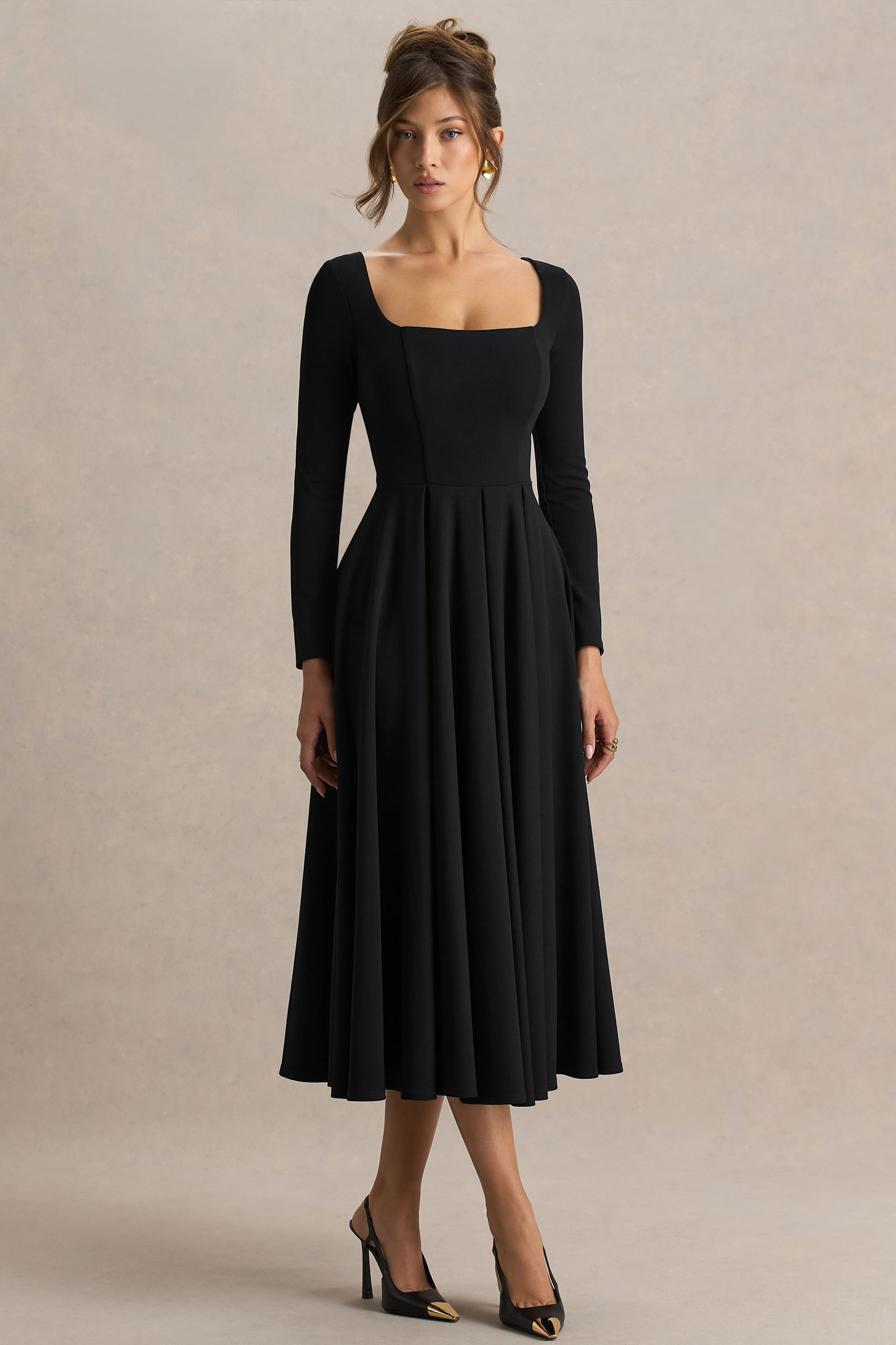 a line black midi dress LECIA HOLLYHOCK A-LINE CUT-OUT CREPE IN The pleated A Origami Bust Line Flared Midi