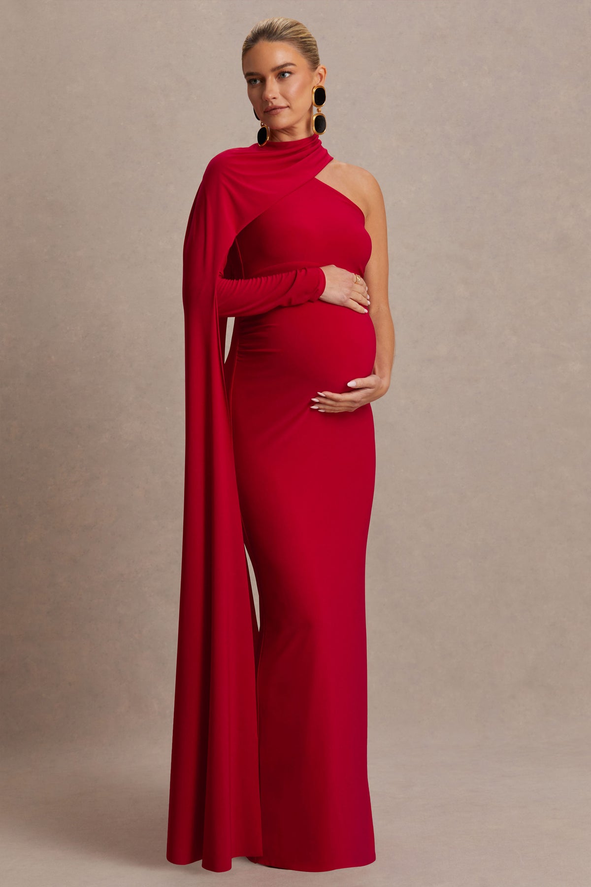 Tessy | RED Asymmetric-Neck Maternity Maxi Dress With Cape-Sleeve Tessy | RED Asymmetric-Neck Maternity Maxi Dress With Cape-Sleeve