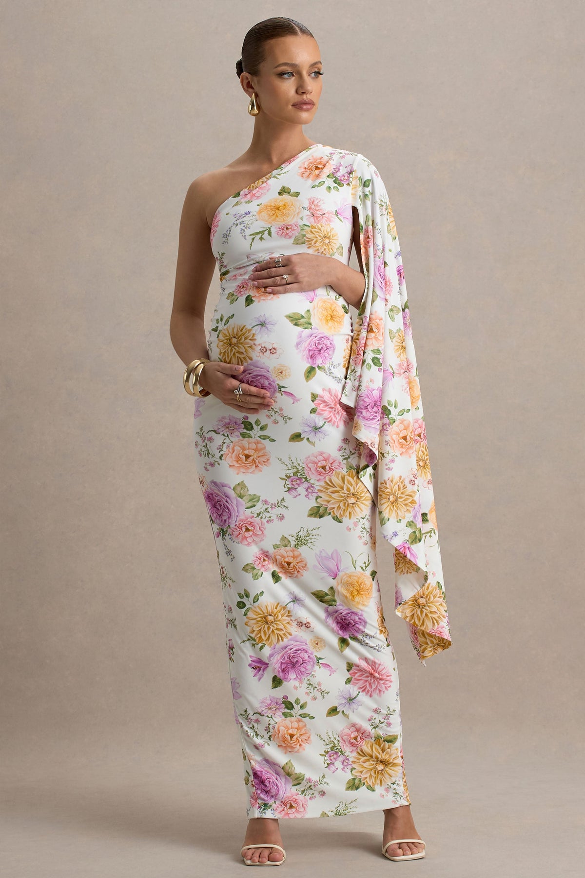 a line maternity dress Aliana Peach And Lilac Floral Print Asymmetric Maternity Maxi Dress – Club L London