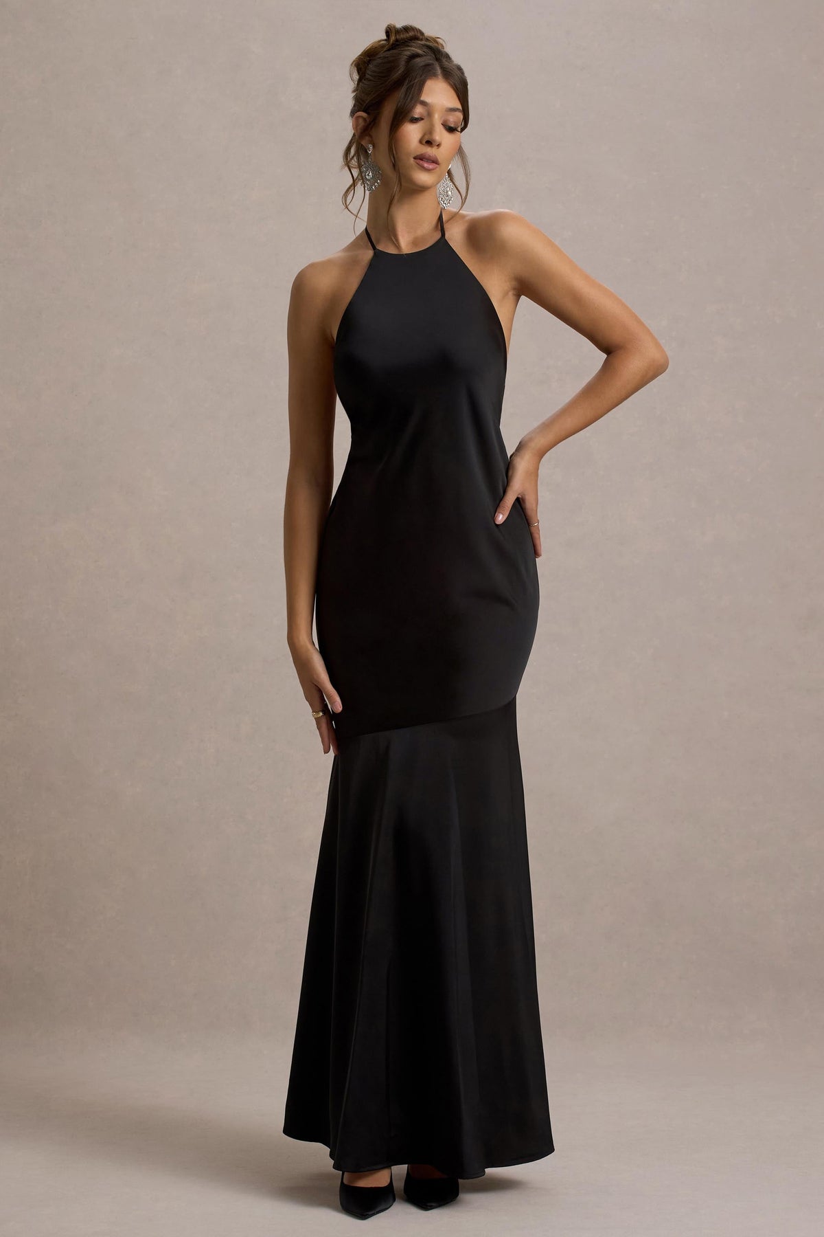Frida Black Satin Halter-Neck Backless Maxi Dress Club L London - USA Frida Black Satin Halter-Neck Backless Maxi Dress Club L London - USA