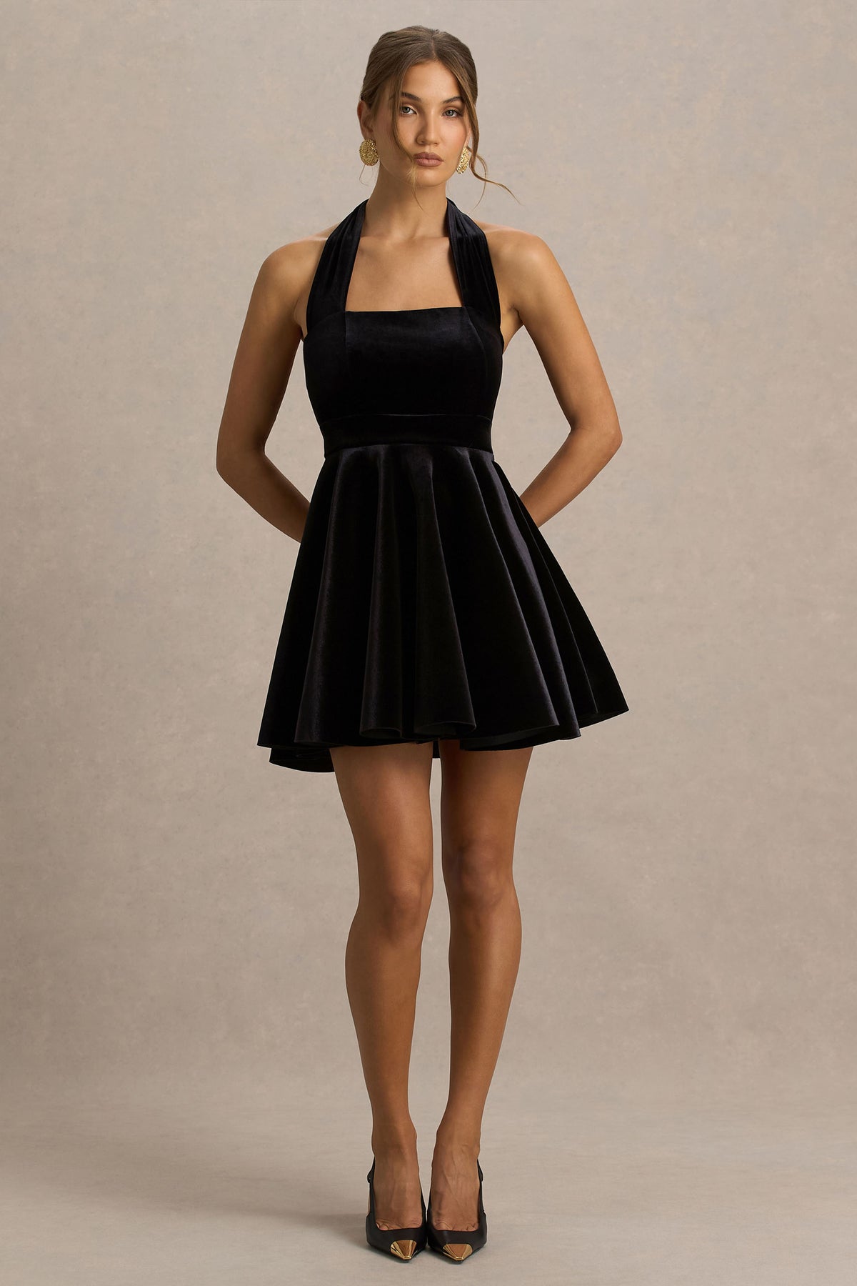 Mirage Black Velvet Halter-Neck Mini Dress With Skater-Skirt Club L London - USA Mirage Black Velvet Halter-Neck Mini Dress With Skater-Skirt Club L London - USA