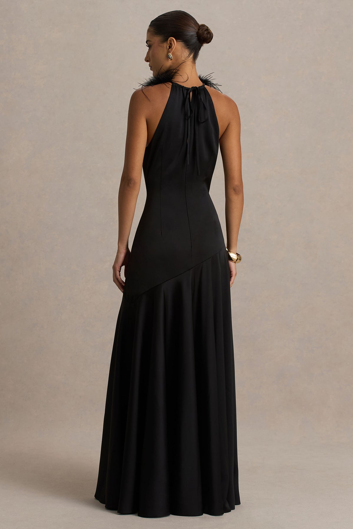 Jemima Black Satin Halter-Neck Maxi Dress With Feather Trim Club L London - USA Jemima Black Satin Halter-Neck Maxi Dress With Feather Trim Club L London - USA