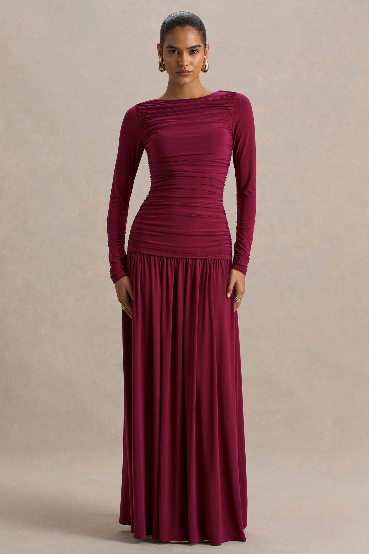 Aniyah | Burgundy Slashed-Neck Maxi Dress With Ruched Detailing Aniyah | Burgundy Slashed-Neck Maxi Dress With Ruched Detailing