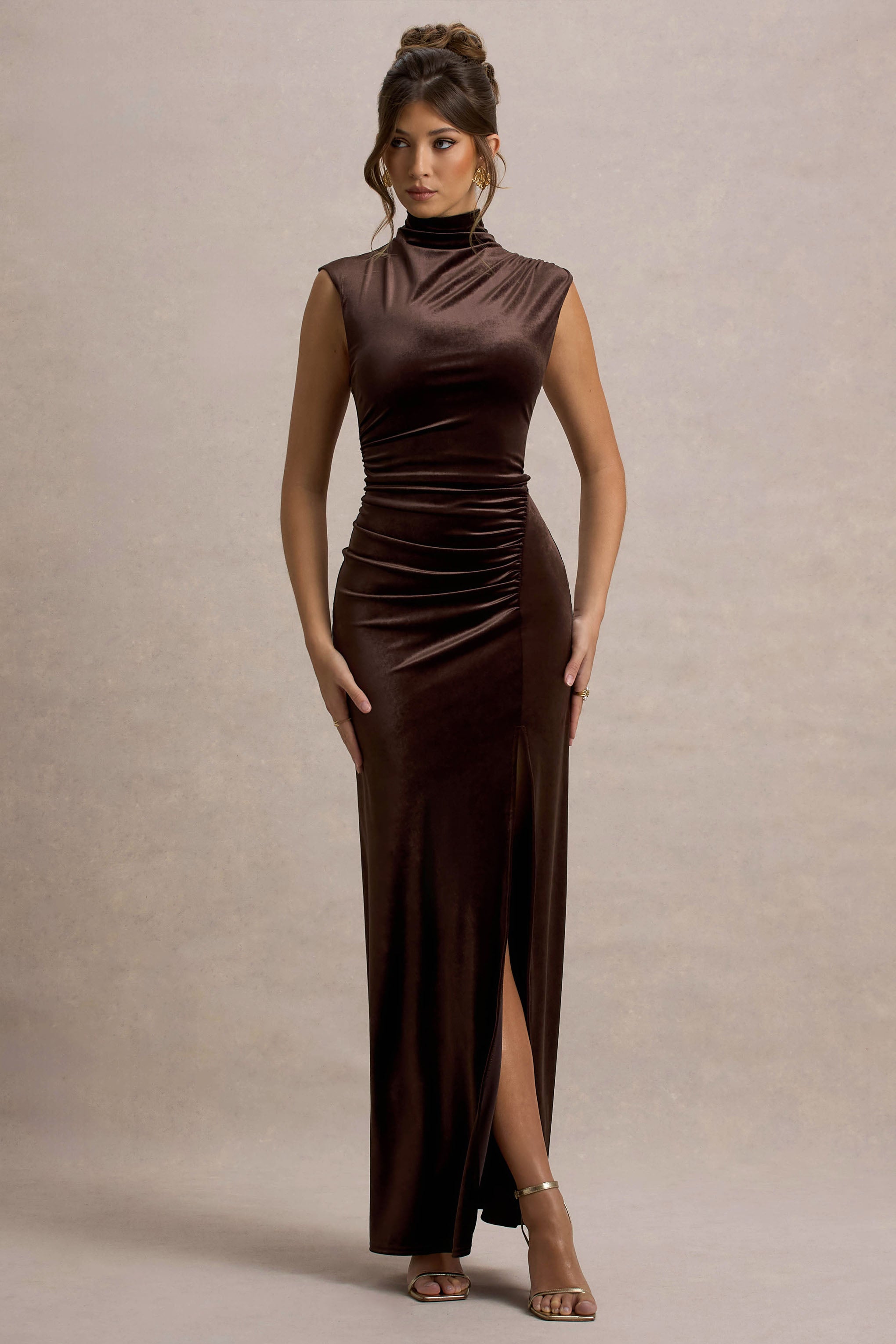 Abilene | Chocolate Velvet High-Neck Split Maxi Dress – Club L