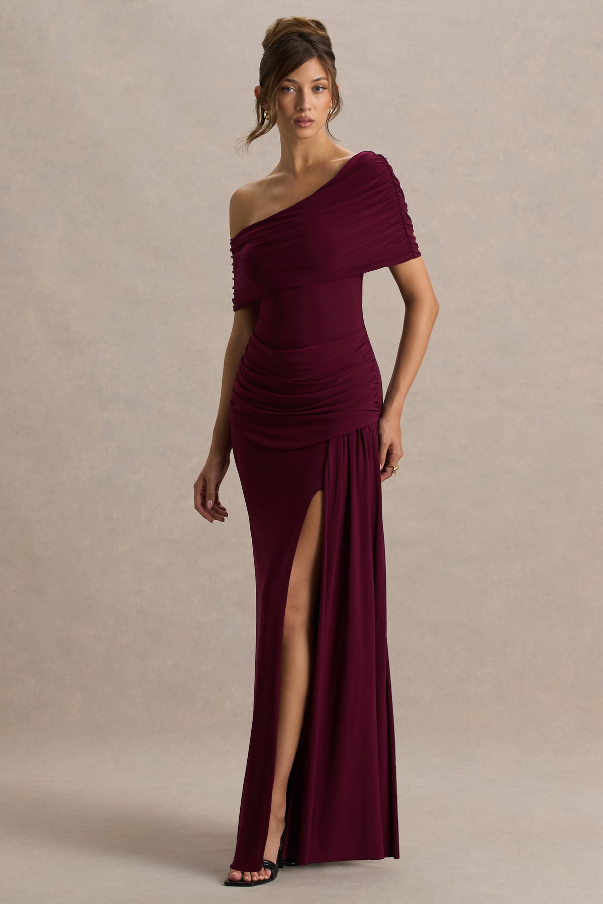 Dynasty | Burgundy Asymmetric-Neck Maxi Dress With Ruched Detailing And Front High-Split - UK 14 Burgundy Dynasty | Burgundy Asymmetric-Neck Maxi Dress With Ruched Detailing And Front High-Split - UK 14 Burgundy