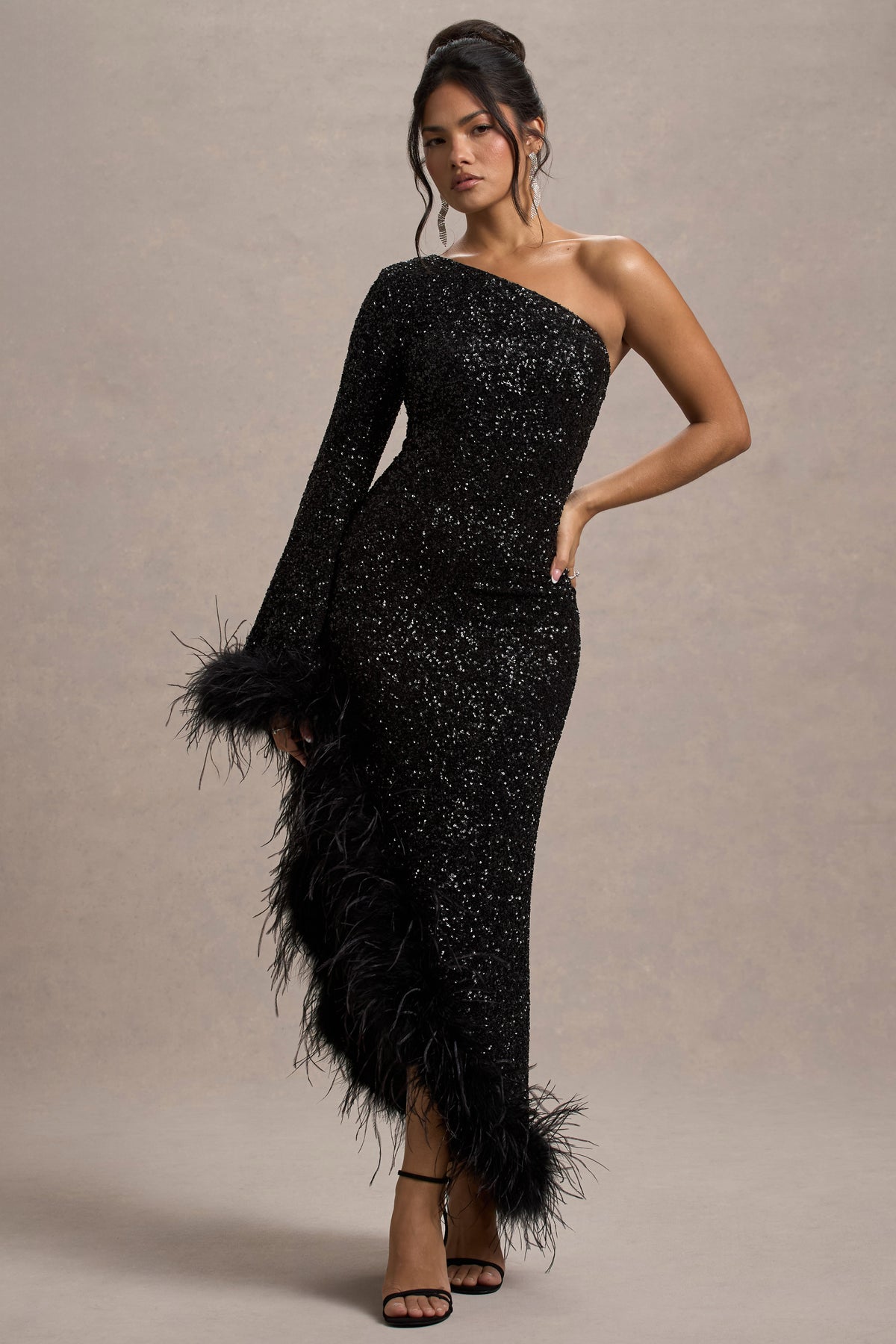 Shadow Black Sequin One-Shoulder Feather Trim Maxi Dress Club L London - USA Shadow Black Sequin One-Shoulder Feather Trim Maxi Dress Club L London - USA
