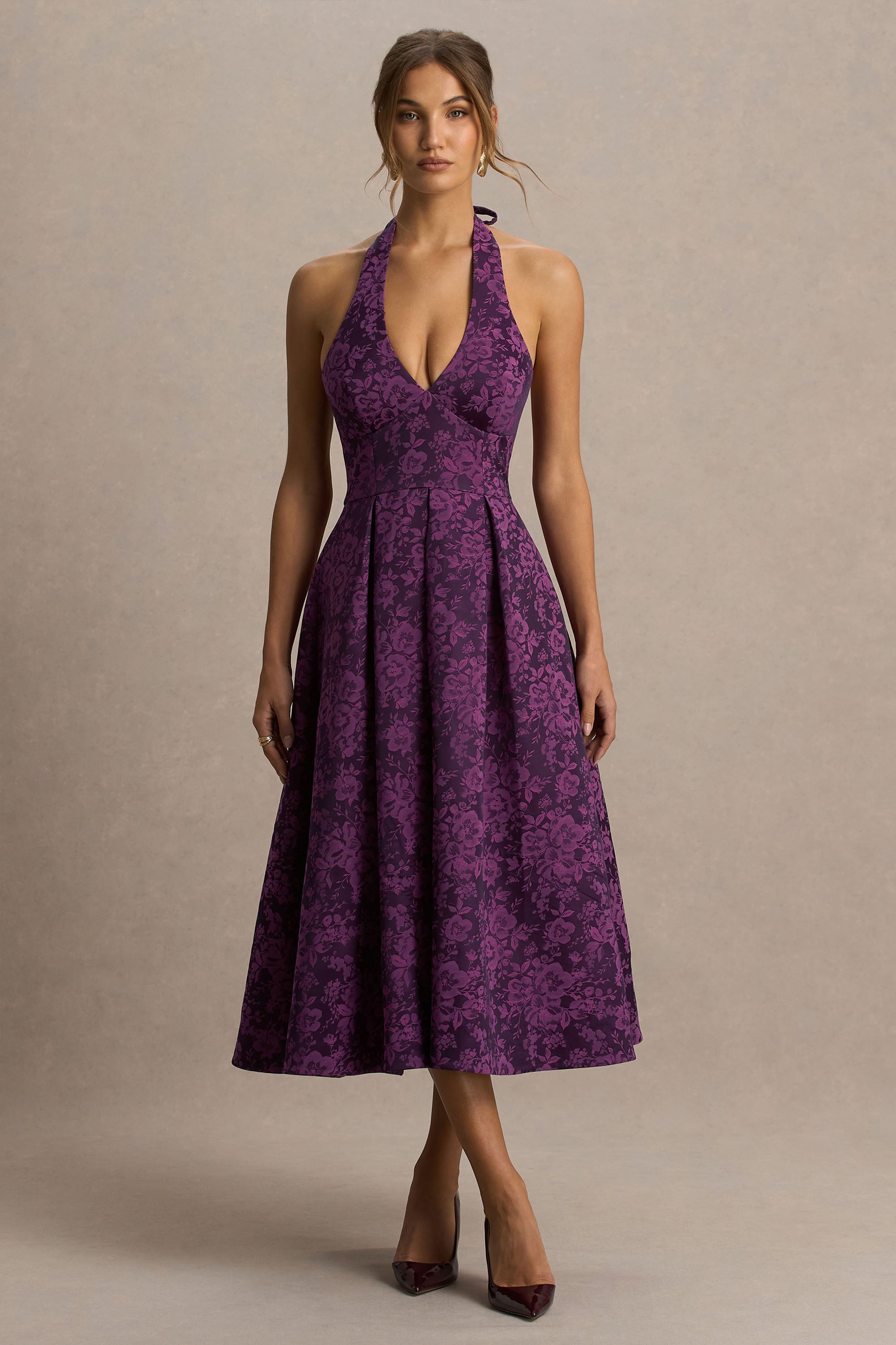 midi purple dress for funeral Inspire Chic Women's Dress Boat Neck Half Sleeve Pleated Work Elegant Midi Dress L Dark Purple, Size: Large