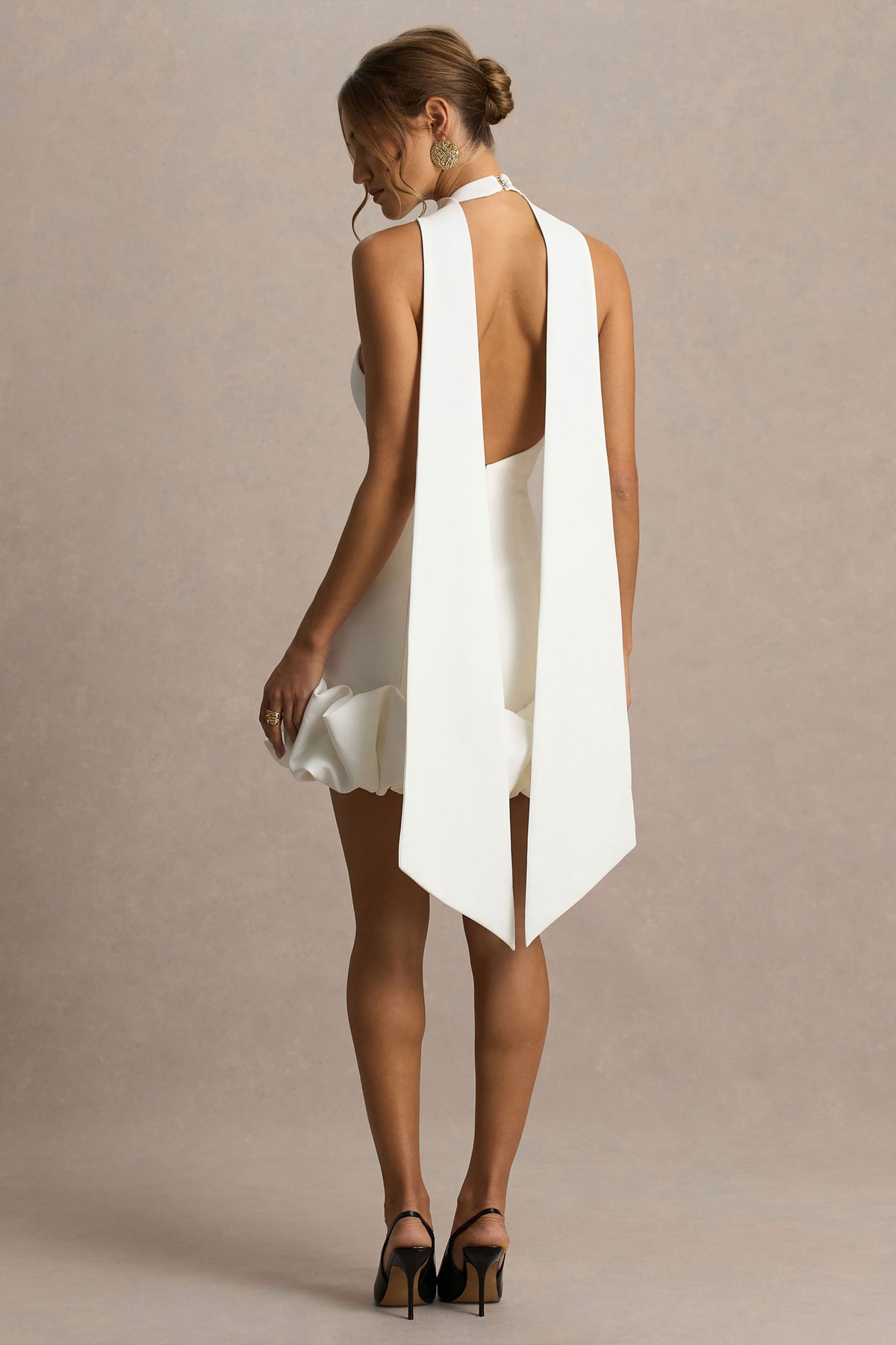 Geneve White Halter-Neck Mini Dress With Ruffled Trim Club L London - USA Geneve White Halter-Neck Mini Dress With Ruffled Trim Club L London - USA