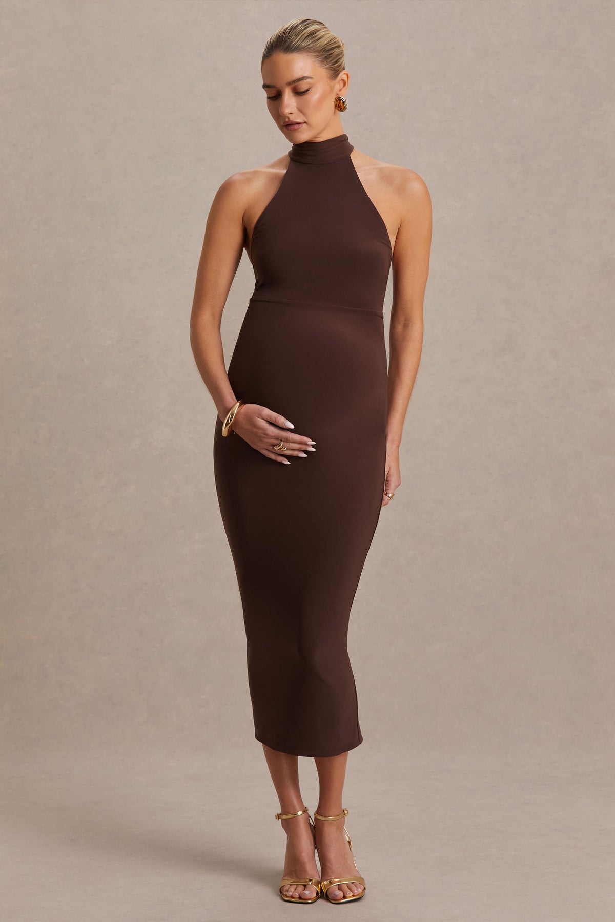 Mireille Brown Halter-Neck Maternity Midi Dress Club L London - USA Mireille Brown Halter-Neck Maternity Midi Dress Club L London - USA