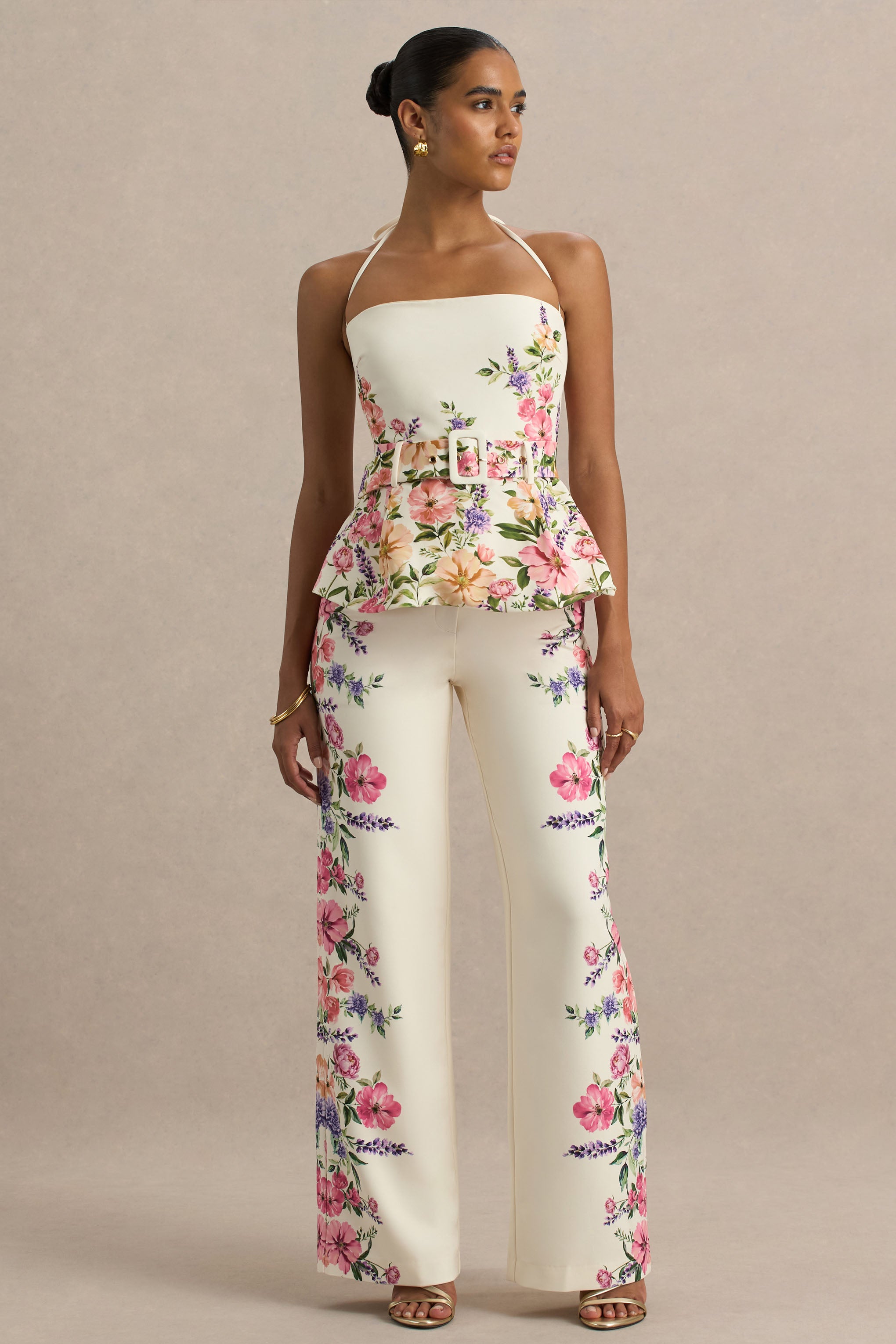 Solana | White Floral Border Print Wide-Leg Trousers – Club L