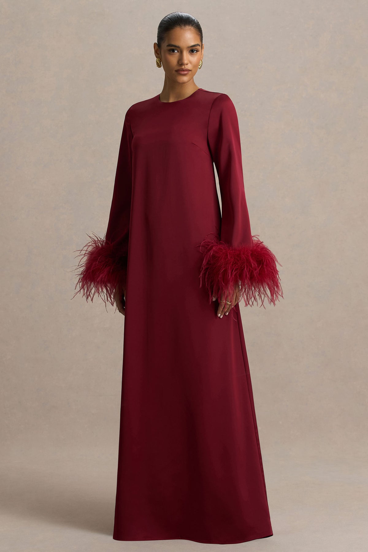 Adella | Burgundy Satin Feather-Trim Maxi Dress - UK 6 Burgundy Adella | Burgundy Satin Feather-Trim Maxi Dress - UK 6 Burgundy