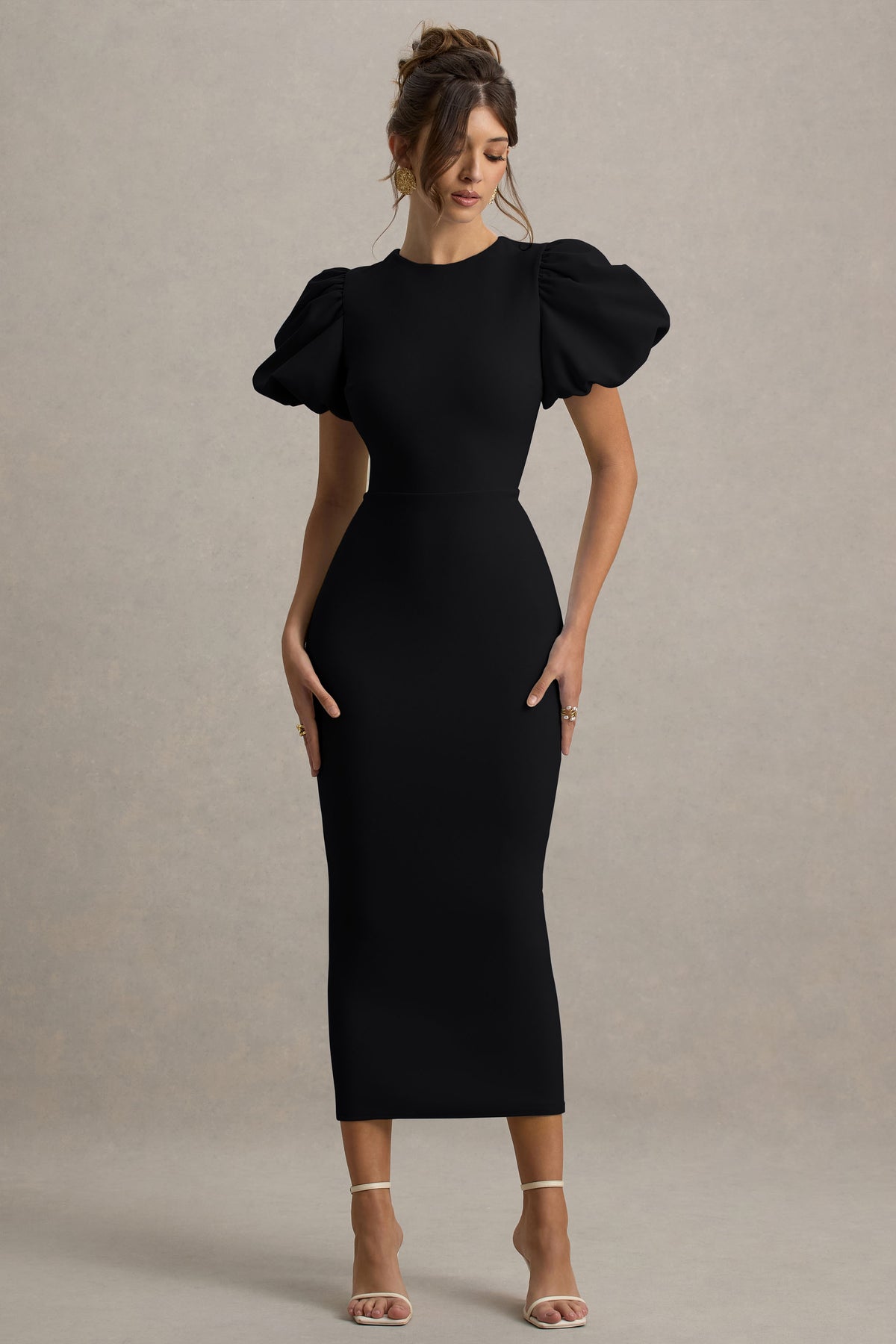 Dakota Black Puff-Sleeve Midi Dress Club L London - USA Dakota Black Puff-Sleeve Midi Dress Club L London - USA